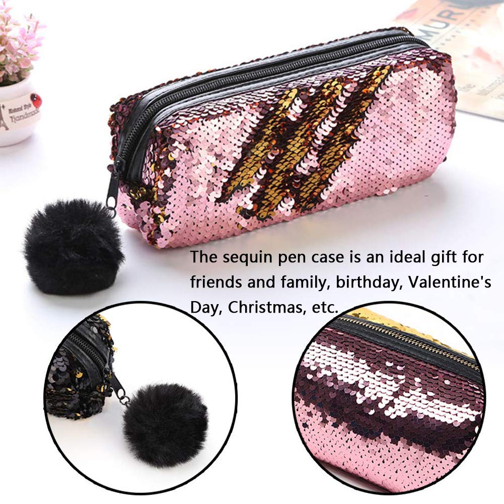 Tooloflife Wendbares Pailletten-Federmäppchen – Rosa-gold, Glamourös, Mit Pompon & Reißverschluss – Perfekt Für Schule & Co.
