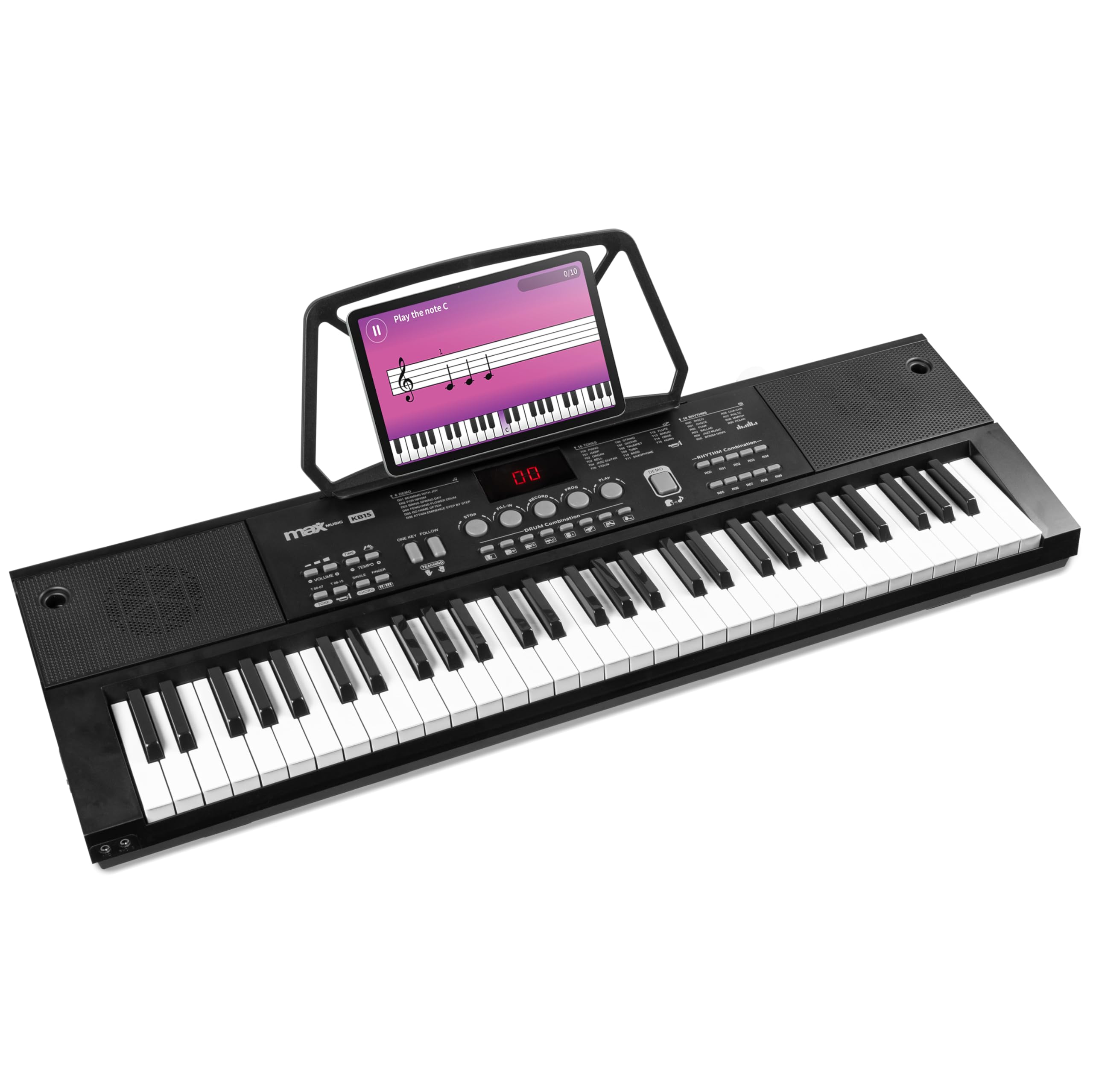 MAX KB15 - Teclado piano con 61 teclas, piano eléctrico con micrófono y altavoz, pantalla LCD, 70 canciones de demo, ideal para principiantes, función de aprendizaje, 26 sonidos, 8 percusiones, USB-C