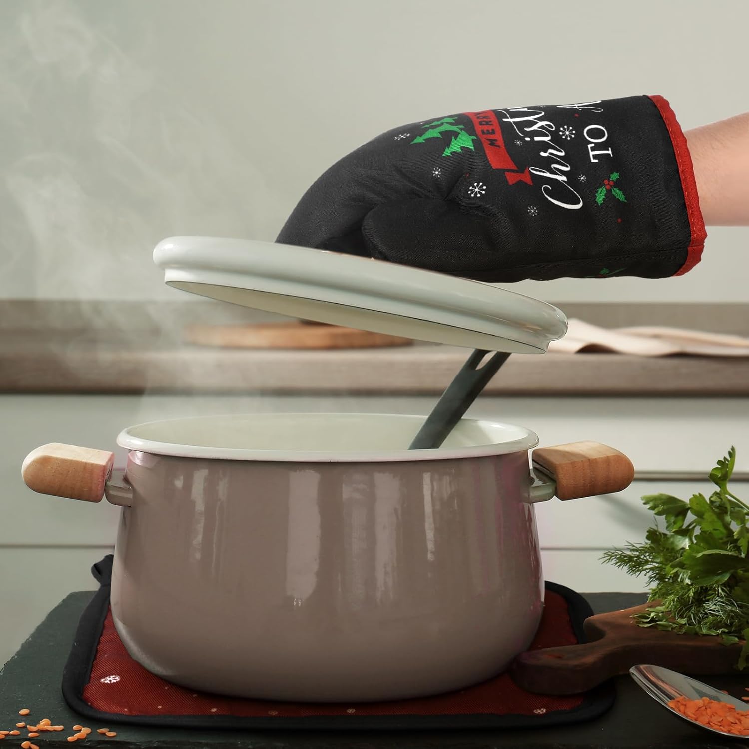 Bencailor 8 Pcs Christmas Black Santa Kitchen Towel Pot Holders and Oven Mitts Set African American Kitchen Decor Dish Towels Farmhouse Oven Mitts Potholders for Xmas Cooking Baking Grilling Supply