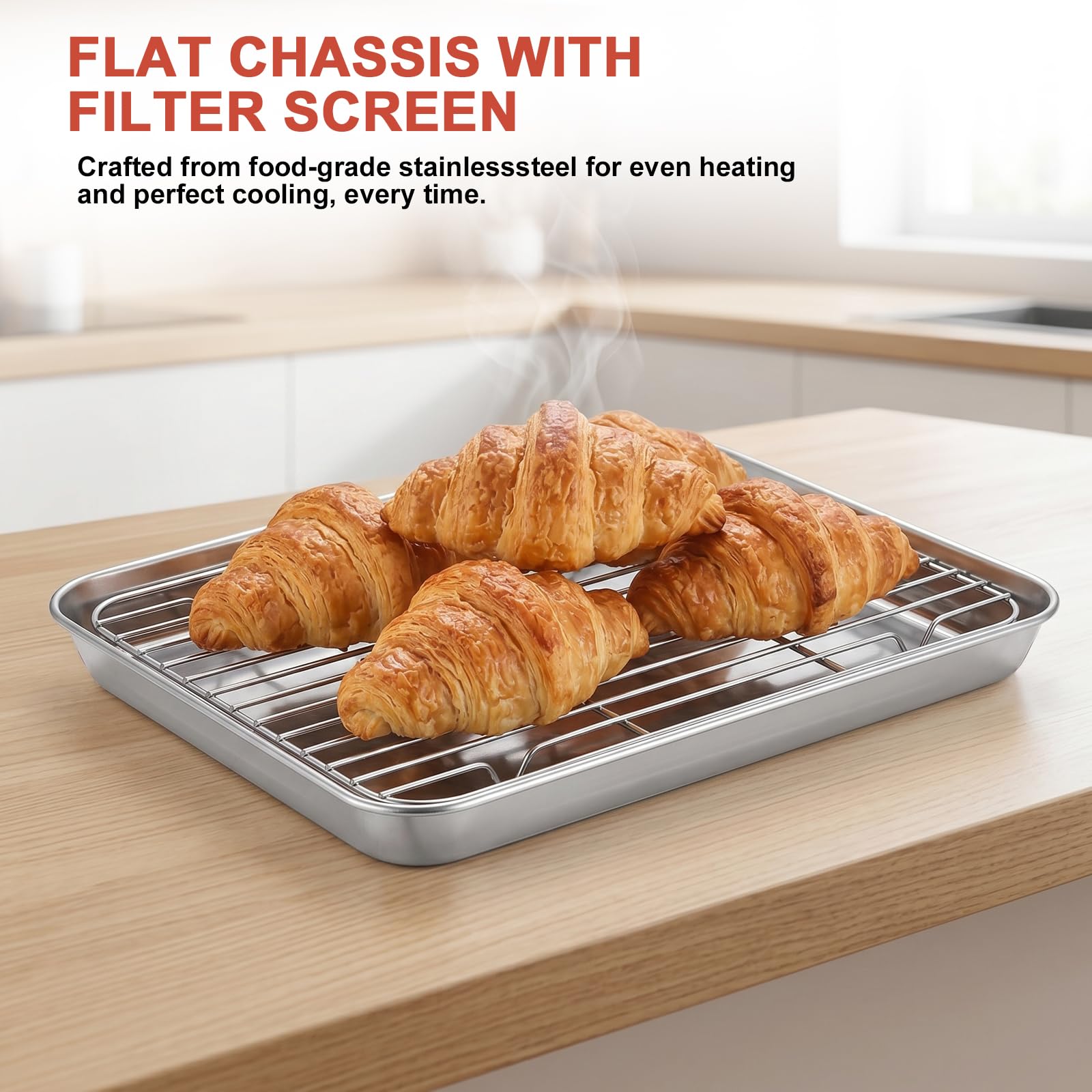 Teglia da forno con griglia di raffreddamento, 40,5 x 30,5 x 2,5 cm, in acciaio inox, superficie lucida, rettangolare, con griglia per torte, per cottura e cucina, argento