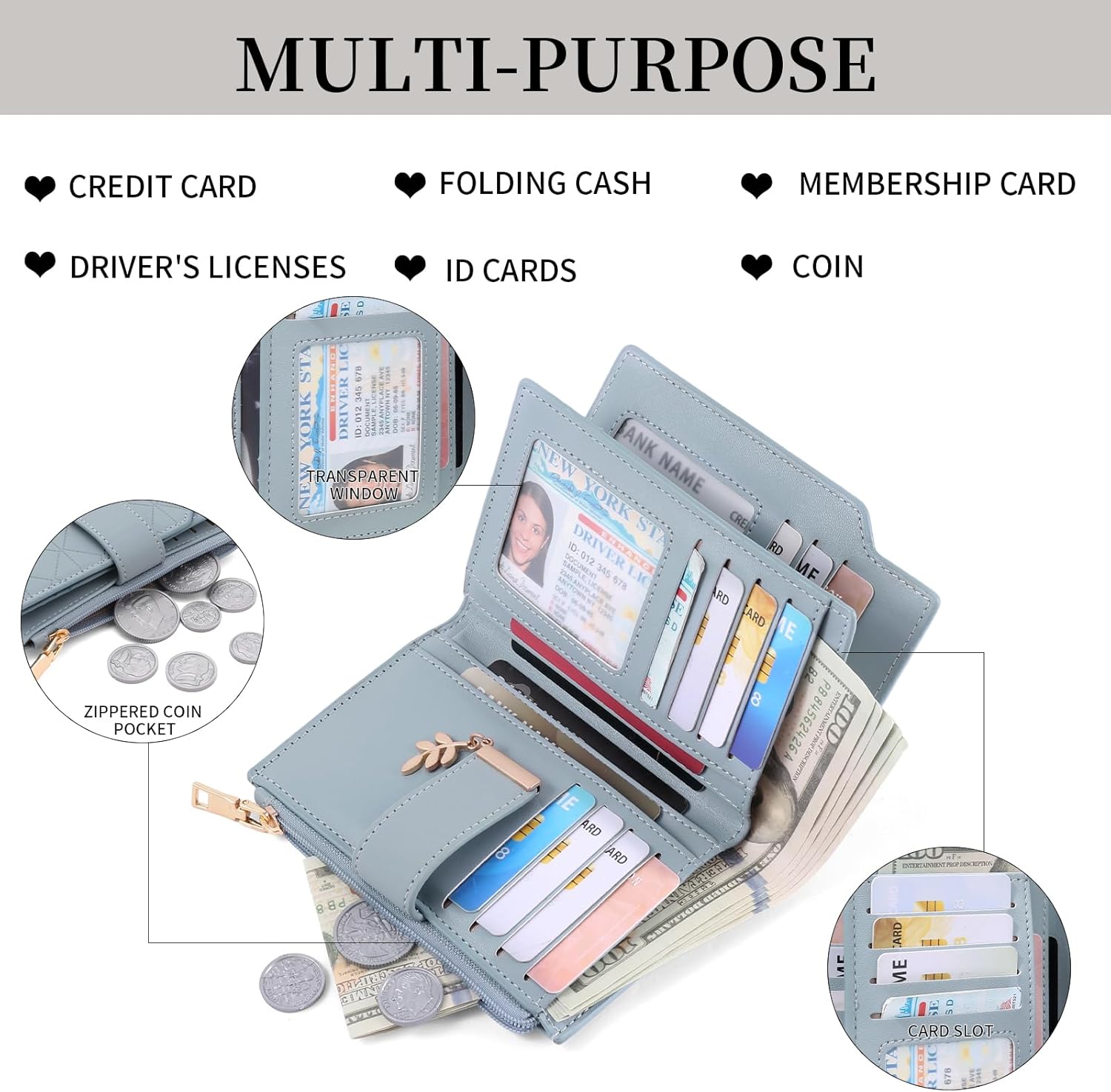 SENDEFN Wallets for Women Leather RFID Blocking Credit Card Case Holder Purse Zipper Pocket with ID Window - Image 3