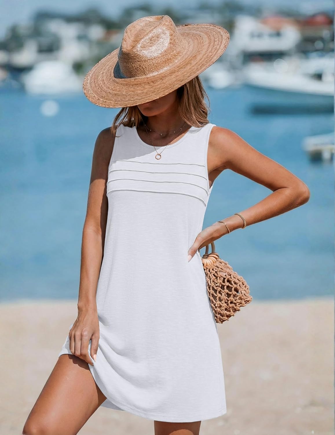 Ekouaer Womens Swimsuit Cover Up Pleated Front Bathing Suit Coverups 2026 Casual Tank Beach Dress with Pockets S-2XL - Image 2