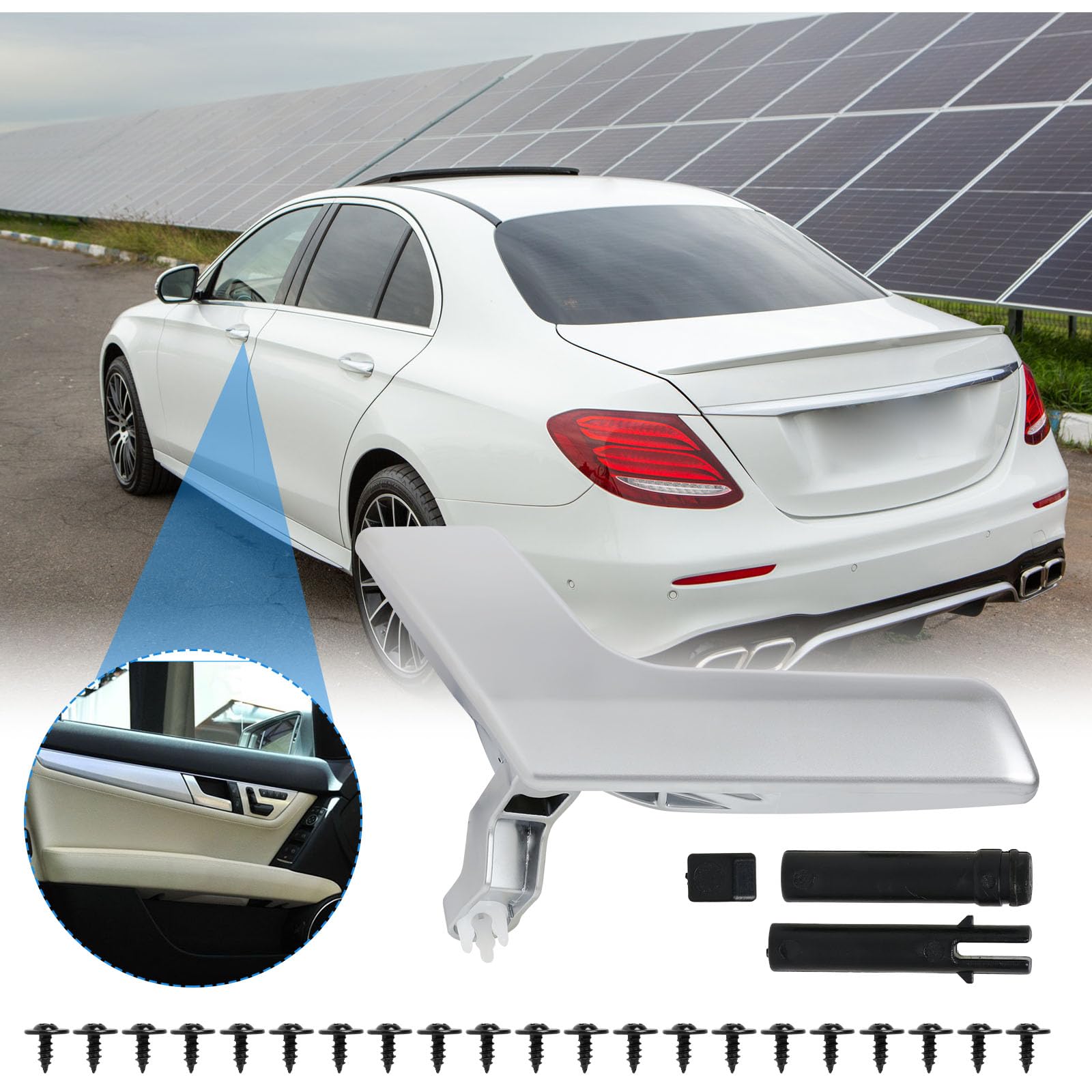 Klamka wewnętrzna do Mercedes W204 X204 klasa C, srebrny matowy, lewa strona, zestaw zamienny, OE-kompatybilny z #2047201763, 2047202763, 2047201171, łatwy montaż