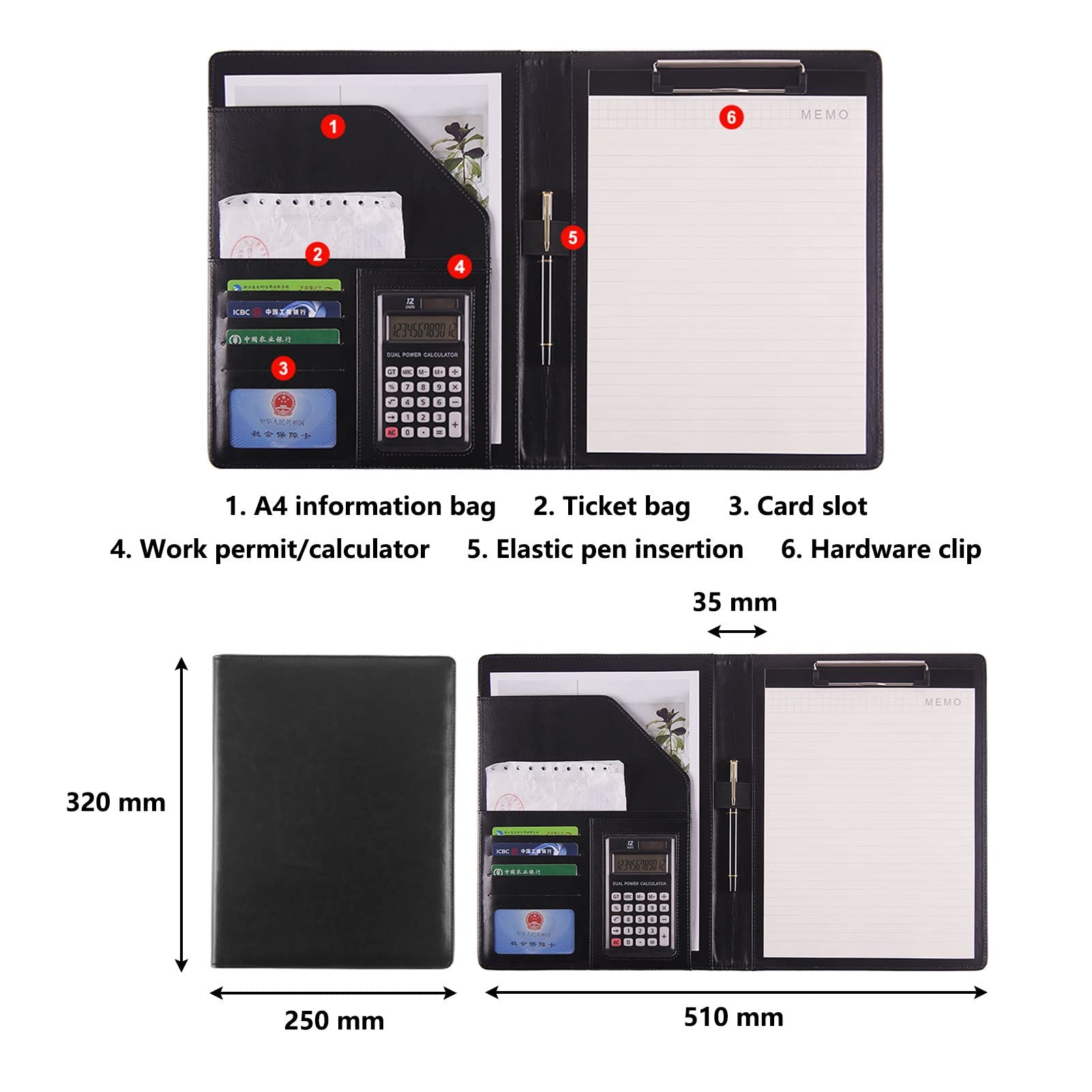 Teczka A4 z notesem, Etui organizer na segregator 250x320mm A4 Letter PU Leather z notatnikiem Różowy Wybierz kalkulator