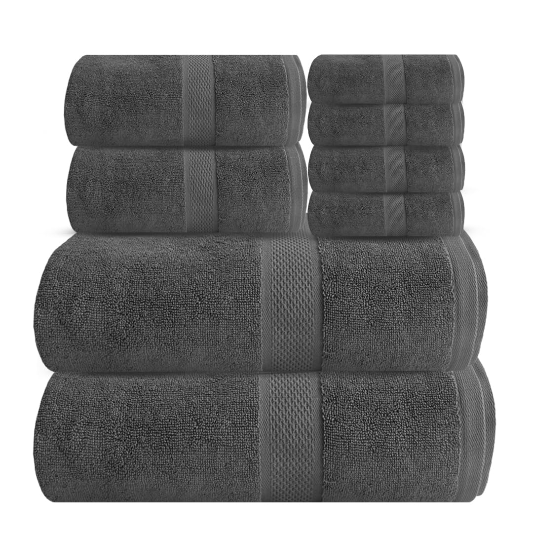 Ocean Towel Set for Bathroom 100% Luxury Cotton Bath Towels Set of 8 (2 Bath Towel and 2 Hand Towel Set & 4 Wash Cloth) - Grey Soft Towels Bathroom
