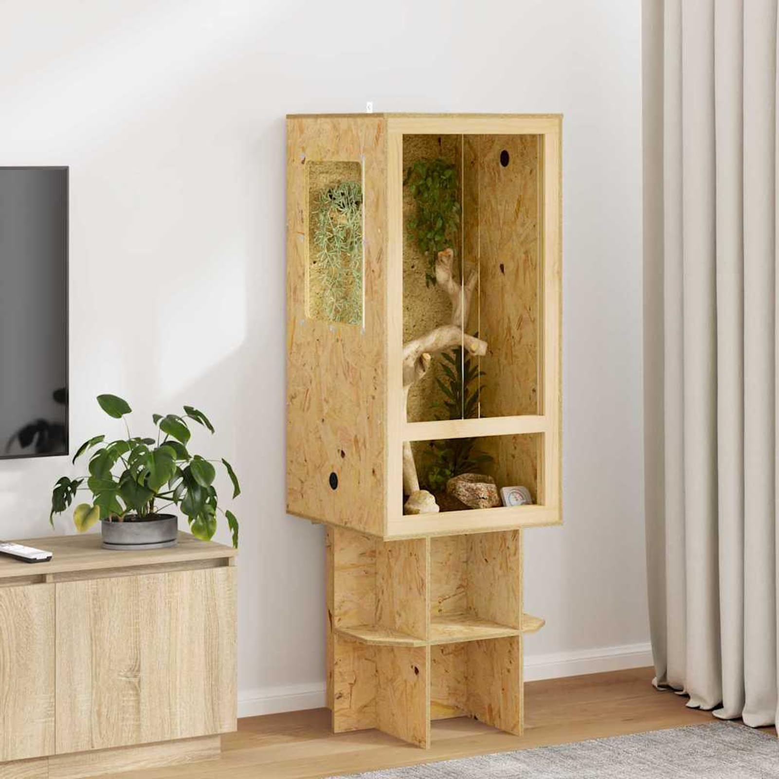 Terrario OSB per Rettili e Anfibi, 50x50x100 cm, con Termometro, Finitura Opaca Marrone, Spazioso e Durevole, per Uso Interno, Assemblaggio Richiesto