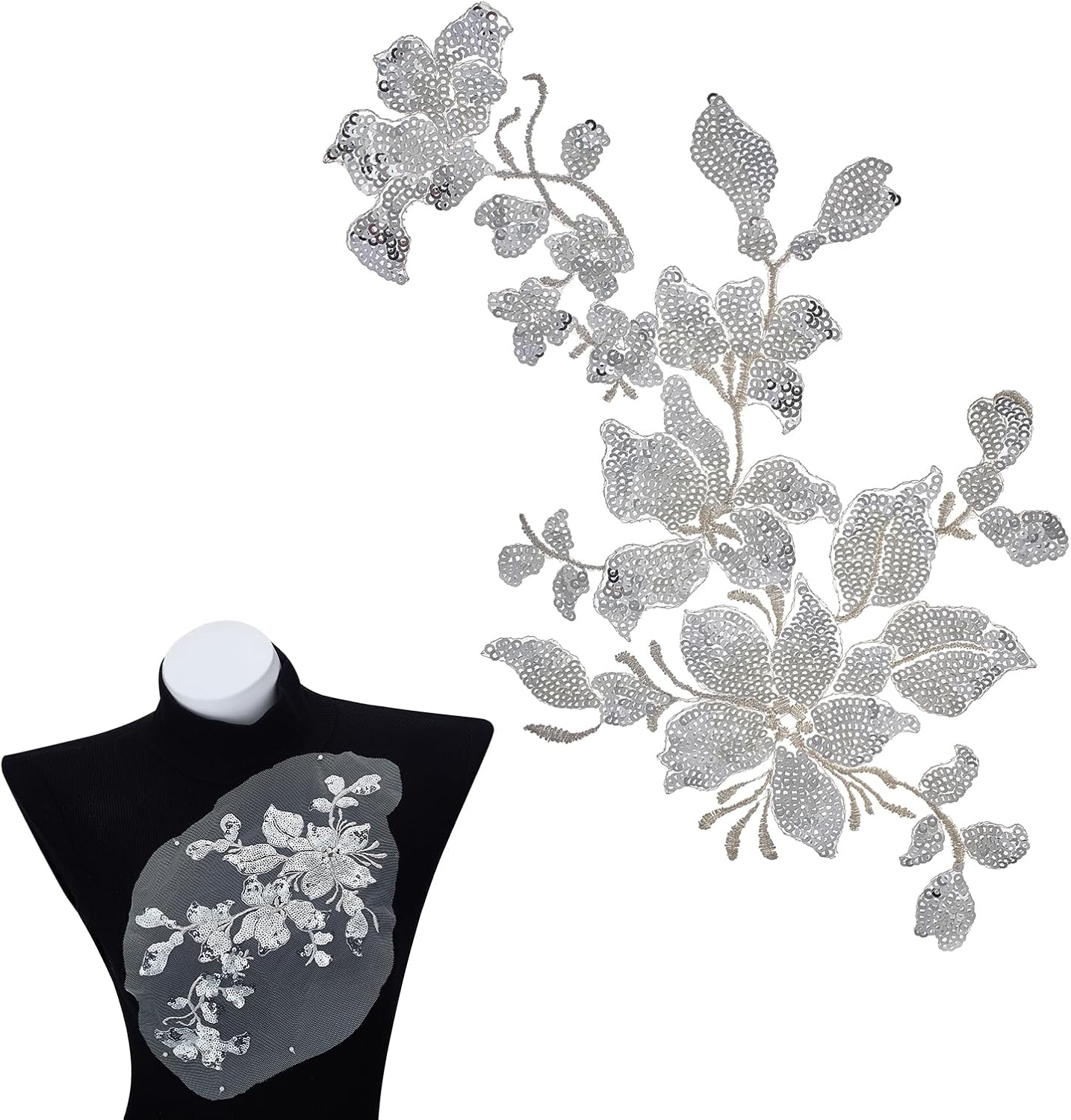 11.41 x 6.29 Inches 3D Flower Sequin Lace Patches, Silver Floral Sequin Sew on Appliques, Beaded Sewing Applique for Dress Jeans Sweater Hats Shoes Bags Clothes