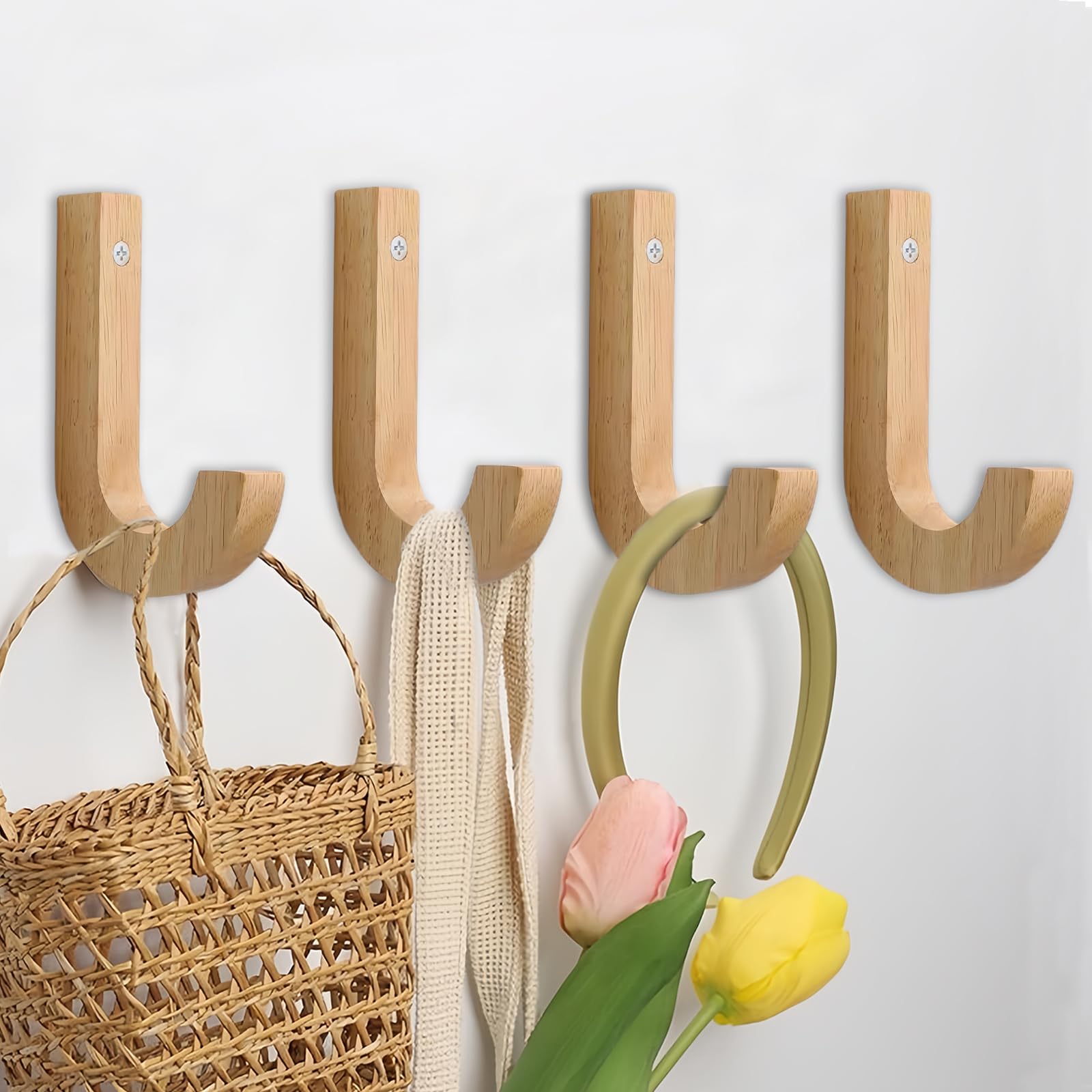 QMAHA 4 Stück Kleiderhaken Holz, Moderne Garderobenhaken Holz Haken für Akustikpaneele Wandhaken zum Schrauben, Kleiderhaken Wand für Garderobe