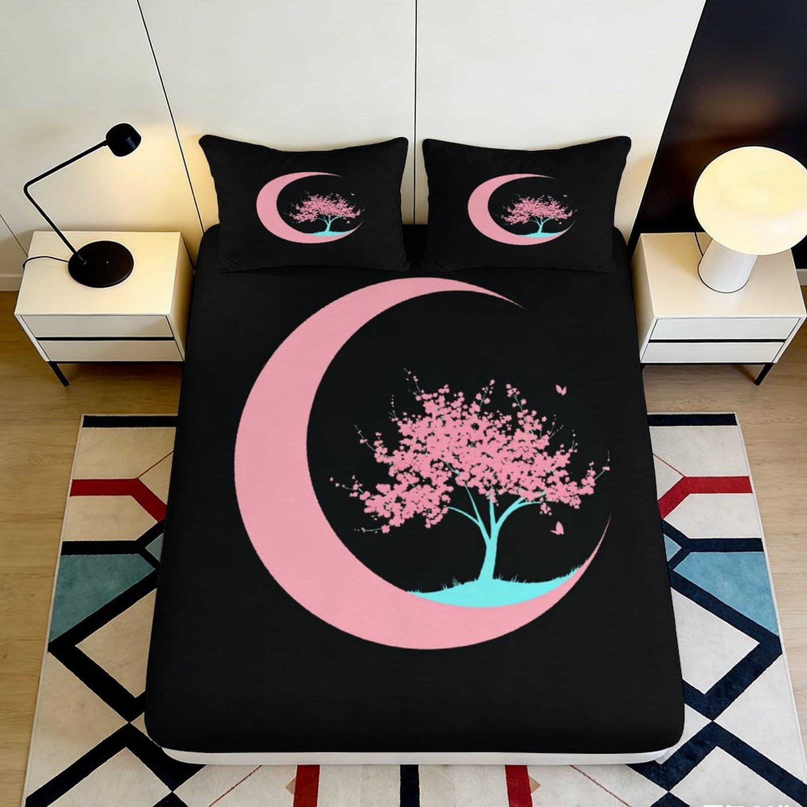 Pnayamiorkfel Style-4 3D Printed Crescent Moon Cherry Blossom Fitted Sheet Microfiber Soft Decor Bed Cover For Bedroom Guest Room 90X200x25cm