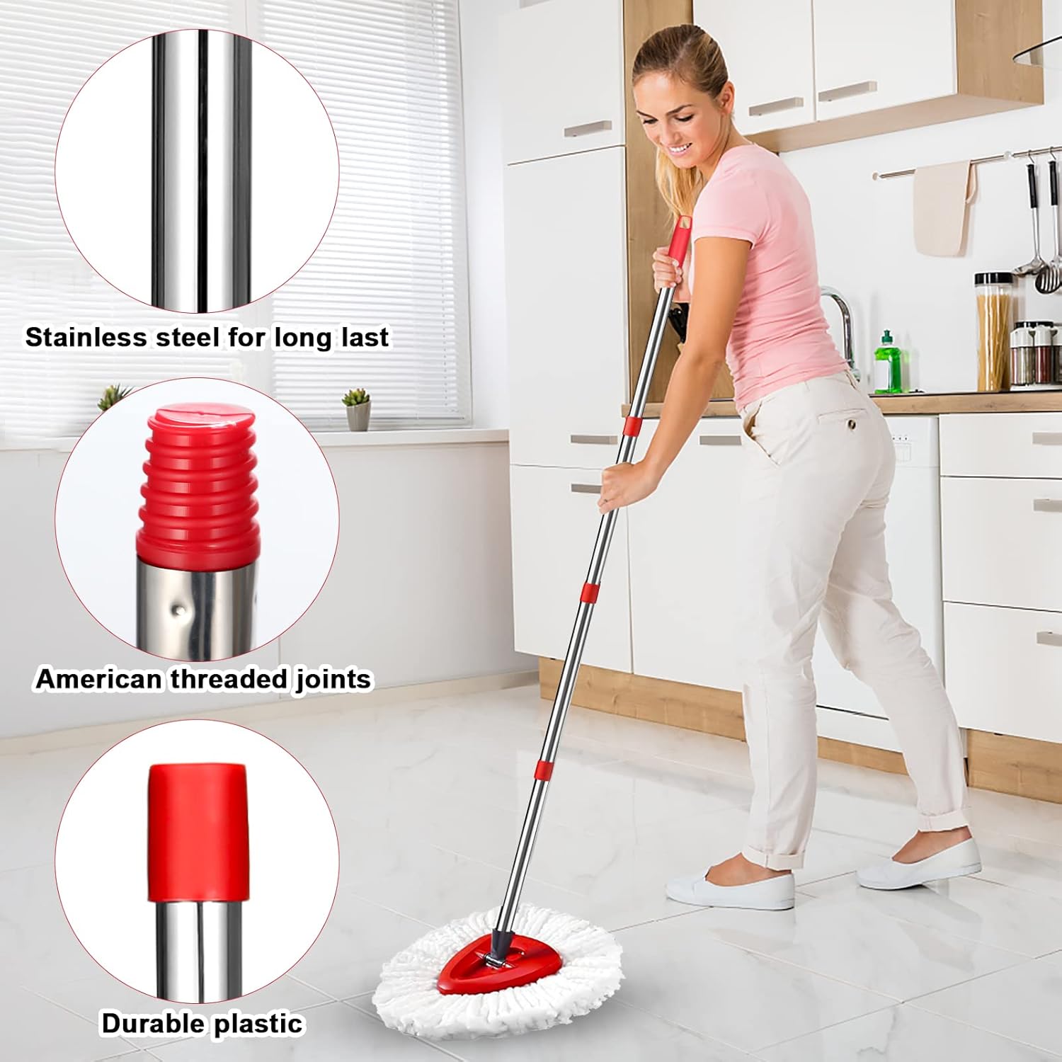 5 Sections Spin Mop Replacement Handle Set, 2.5-6 FT Mop Replacement Head Handle with 1 Mop Base, Compatible with O-Cedar Spin Mop for Floor Cleaning (Red - American Screw Thread)