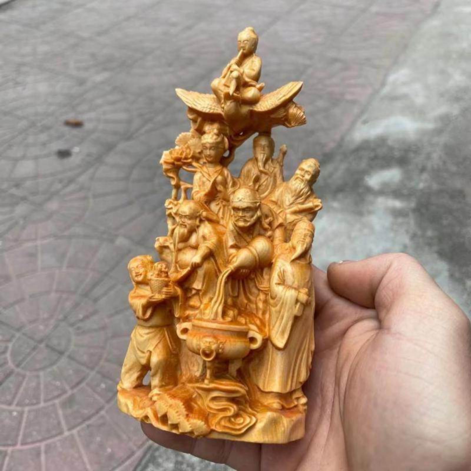 Scultura decorativa in legno di cipresso scogliera con otto immortali che attraversano il mare Buddha statua con scatola, 16 cm, scultura decorativa