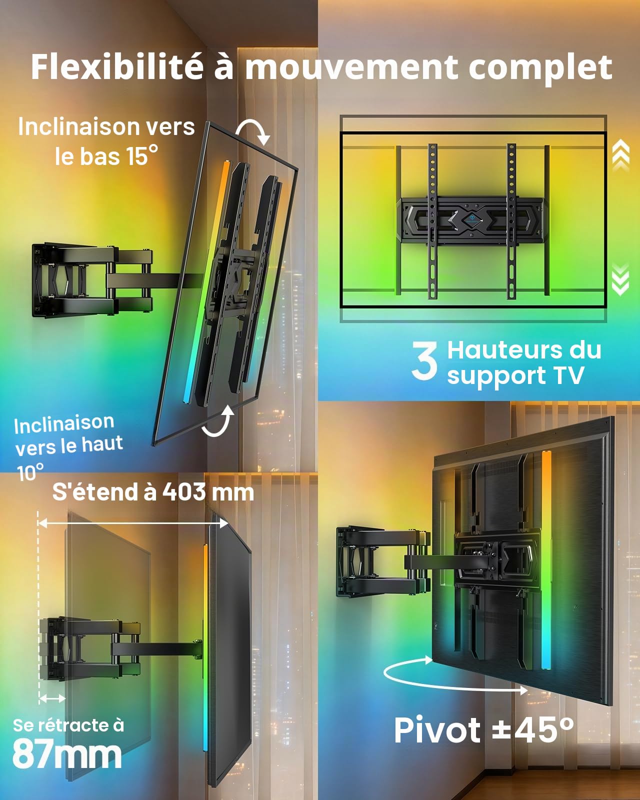 PERLESMITH Support Mural TV, Fixation TV Murale Inclinable et Orientable pour Écrans 25-70 Pouces Jusqu'à 45Kg, VESA 400 x 400mm