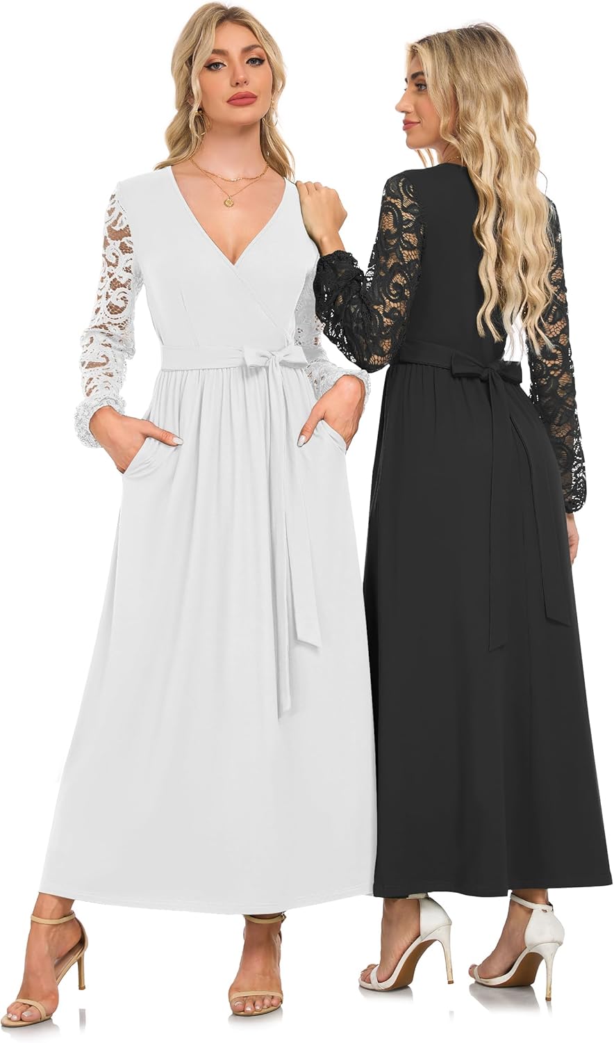 AUSELILY Women's Lace Dress Long Sleeve Maxi 2025 Fall V Neck Wrap Waist Formal Party Long Dresses with Pockets - Image 2