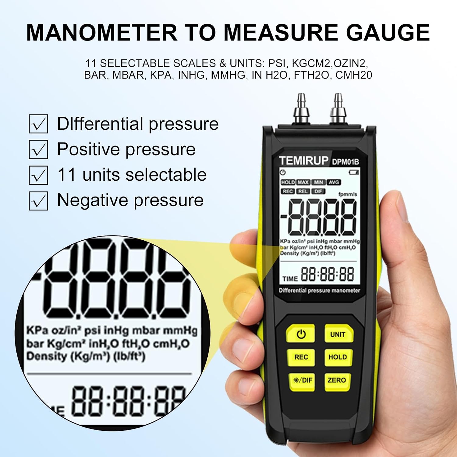 Manometer, Air and Gas Pressure Meter, Dual-Port HVAC Digital Manometers