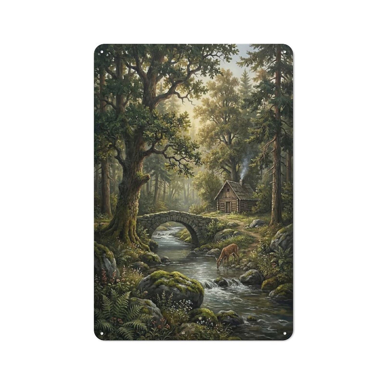 Junmoney Style-5 Enchanted Forest Cabin And Bridge Clean Industrial Metal Wall Decor 30X20cm, Decorative Metal Plaque For Workspace, Cafe, Hallway Or Garage
