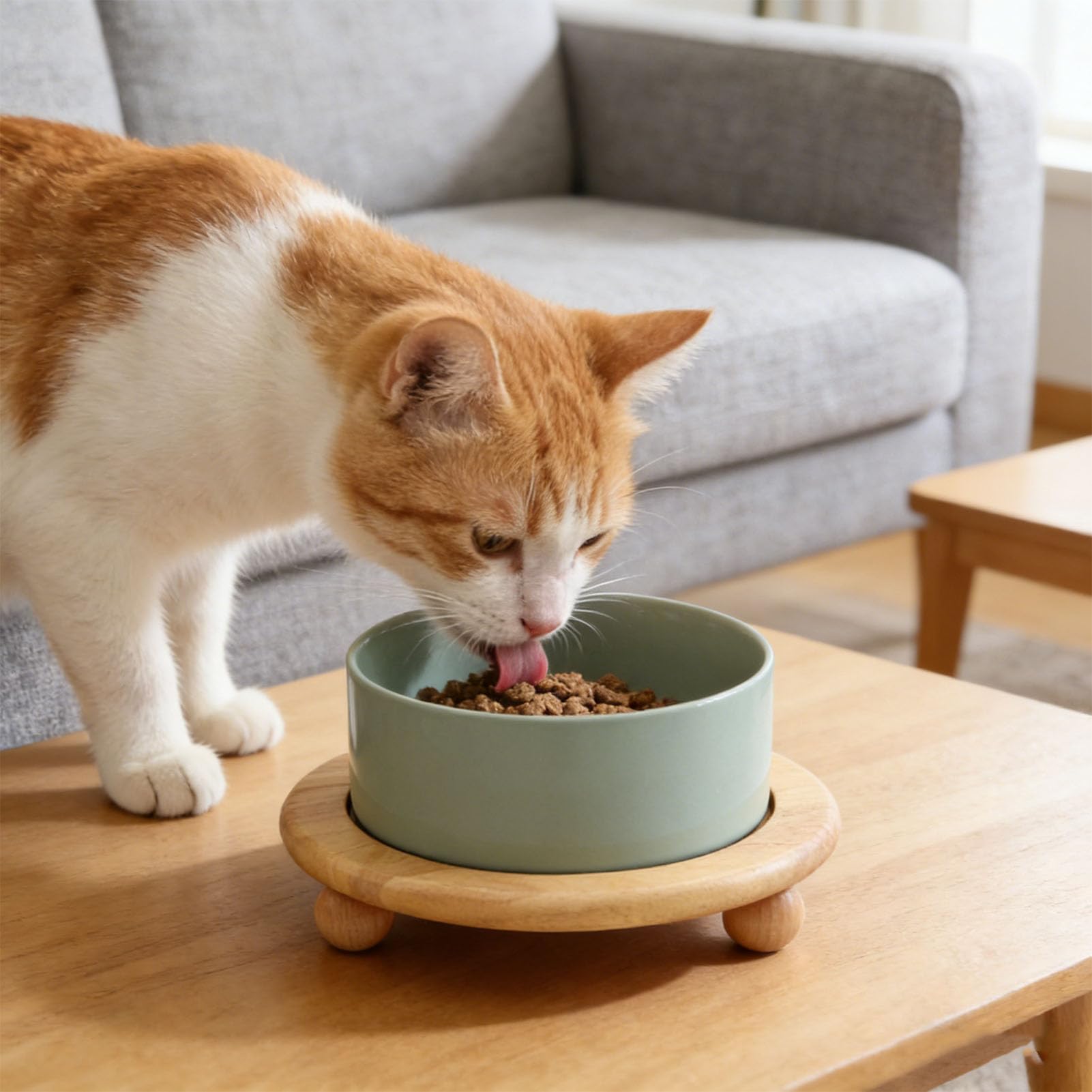 Erhöhter Katzennapf aus Keramik mit Holzständer Gegen Erbrechen