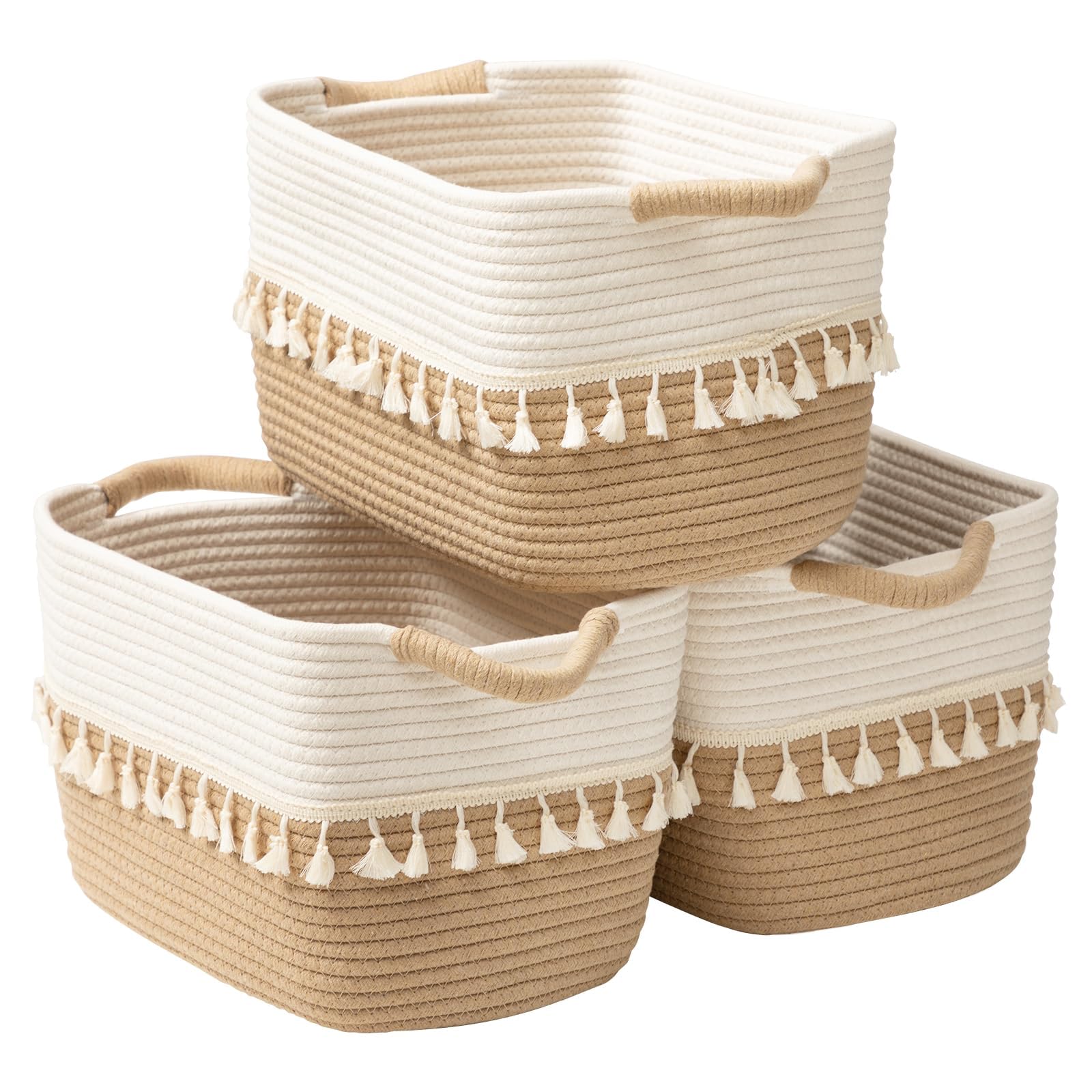 TeoKJ Woven Storage Baskets Set of 3 – Woven Basket for Clothes, Toys, Blankets, Towel, Books – Woven Basket, Decorative Fabric Storage Boxes, 15"x10"x9", White & Jute