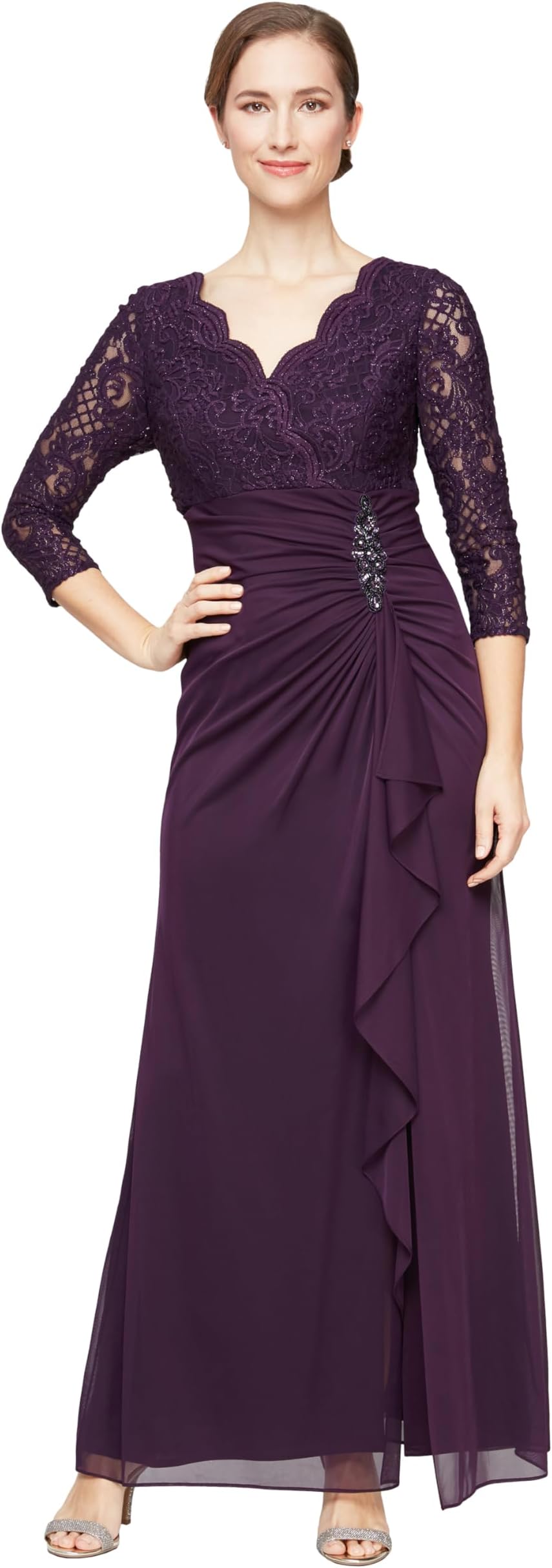 Womens Long Lace Top Empire Waist Dress