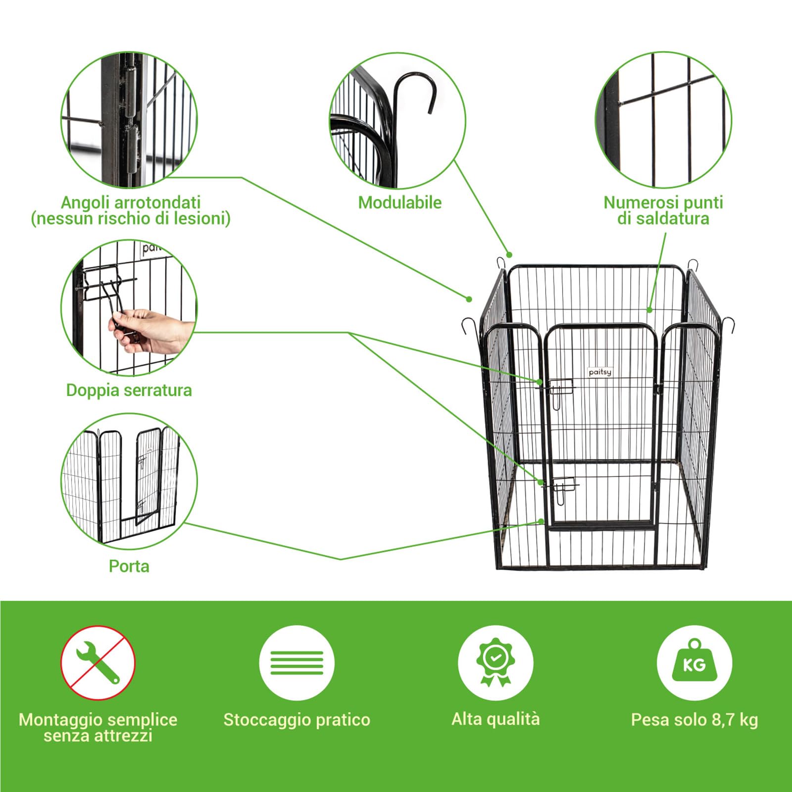Recinto per Cani, Cuccioli e Conigli GARDEO80x100x4, 4 Pannelli 80X100cm, 0,64M2, modulabile, per Interni ed Esterni, Pieghevole, Garanzia 5 Anni.