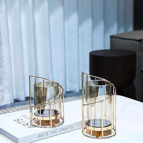 Miniatura 6 de Portavelas dorado de huracán, portavelas dorados para velas de pilar con funda de vidrio transparente, elegante centro de mesa para bodas, cenas,