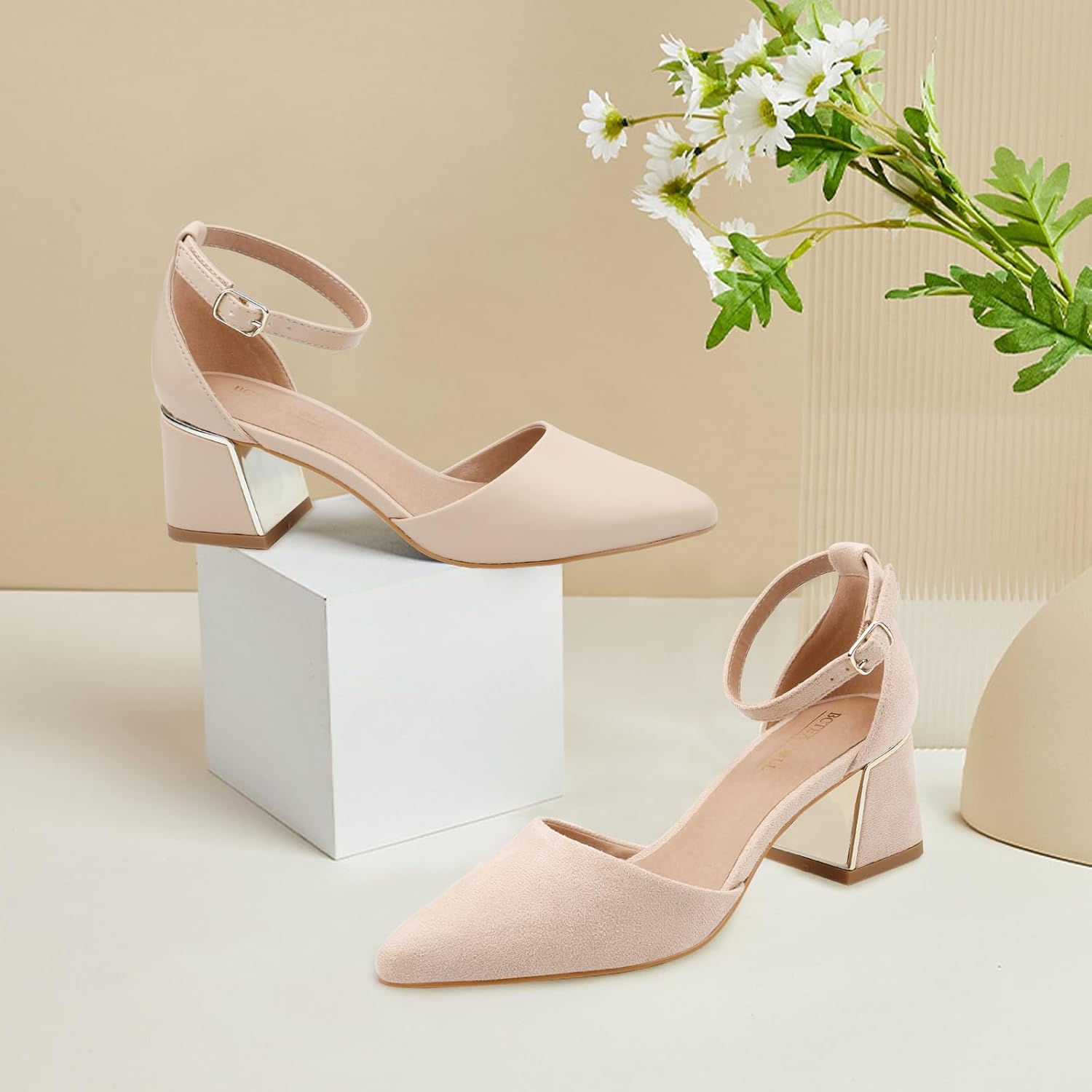 BCTEX COLL Womens Pointed Toe Pumps Shoes Ankle Strap Chunky Low Heels Metal Lined Sandals Designed for Women - Image 3