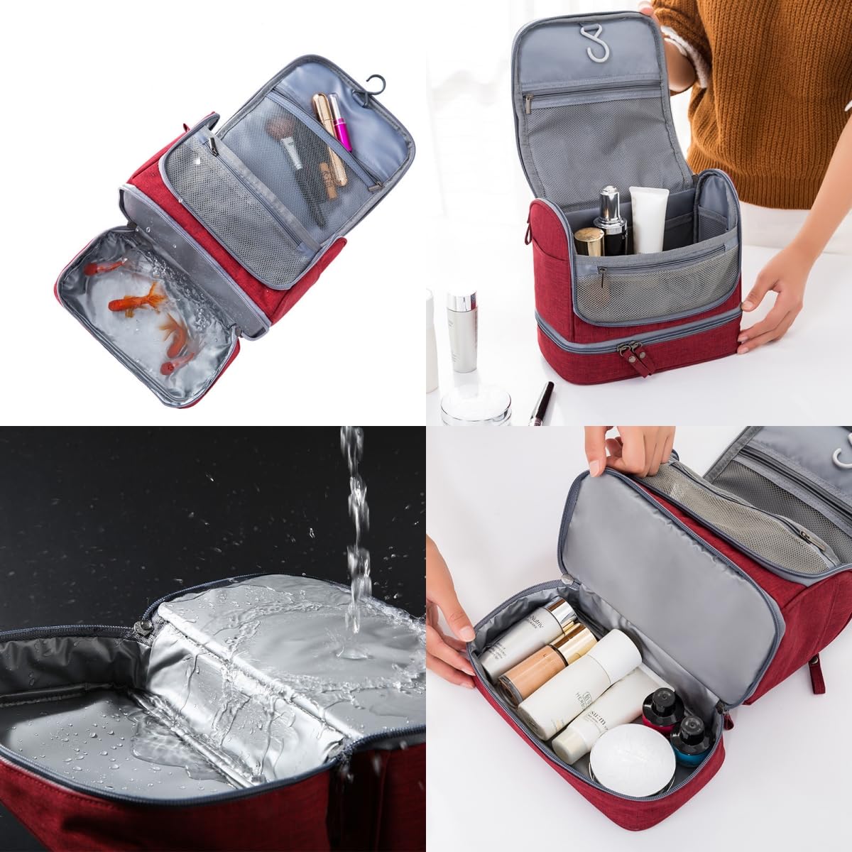 FAVORTALK Hanging Toiletry Bag Red Travel Bag for Toiletries Large Wine Wash Bag Waterproof Cosmetic Organizer for Men Women Zippered Shower Bathroom Bags 9.8x3.9x6.7 Inch - XSB12106 - 3