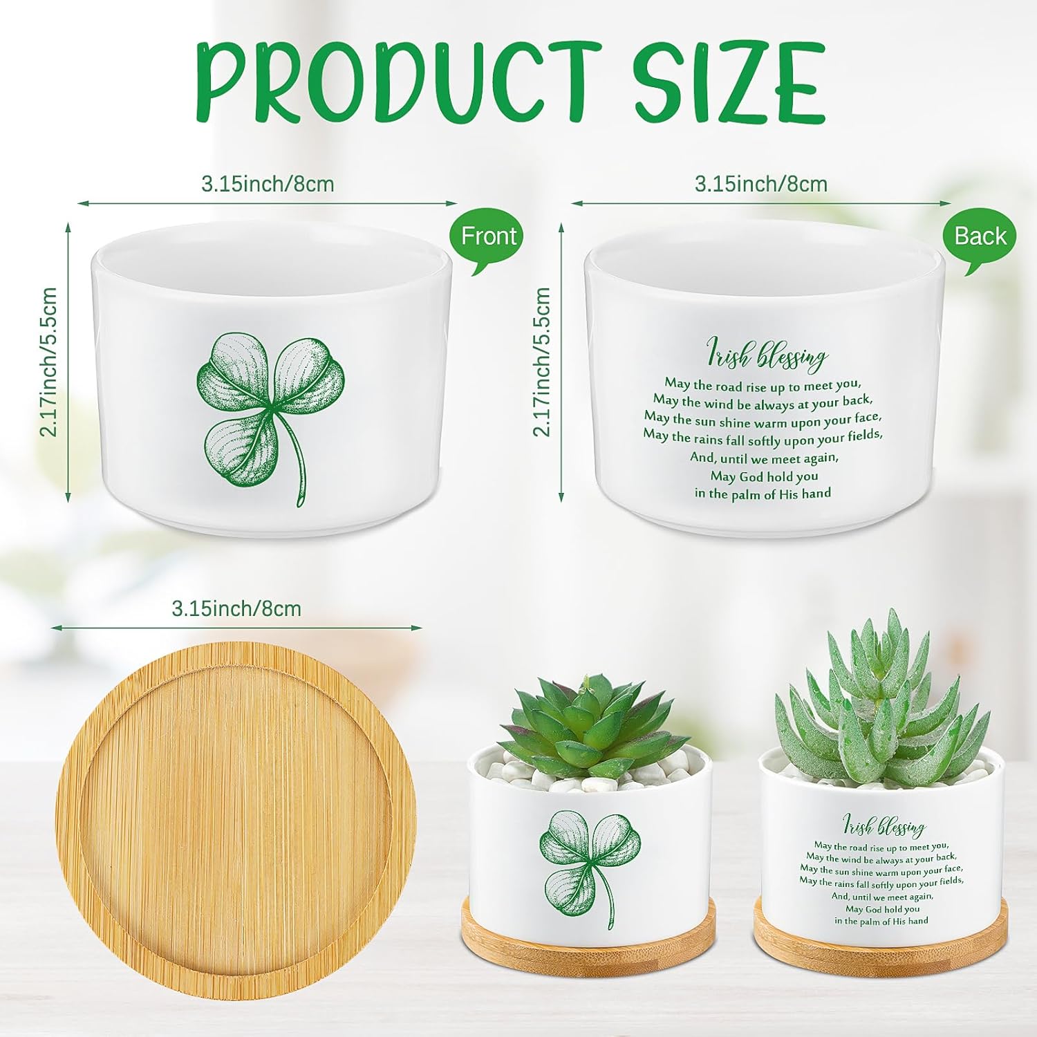 FillTouch 6 Pcs St Patrick's Mini Succulent Pots - 3.15 Inch Small Ceramic Shamrock Clover Irish Blessing Pot Green Lucky Flower Cactus Pot with Tray Lucky Appreciation Thank You Gift