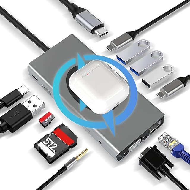 USB C HUB 13 in 1 mit Kabellosem Laden, Docking Station Adapter mit 4K-HDMI, VGA, RJ45 Ethernet, 2×USB3.0, USB C 3.0&2.0, PD 100W, SD/TF & 3.5mm AUX, Kompatibel mit MacBook Pro & Andere Laptops