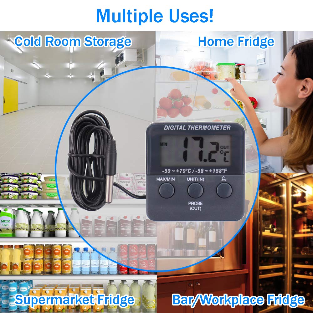 Lot de 2 thermomètres numériques réfrigérateur avec alarme température max/min - Thermomètre congélateur pour surveillance aliments réfrigérés