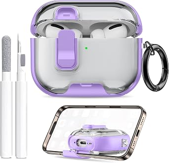 حافظة AirPods Pro 3 2025 مع حامل هاتف ومجموعة تنظيف، غطاء سيليكون ناعم لطيف لحافظة AirPods Pro من الجيل الثالث مع سلسلة مفاتيح للنساء والرجال مع سلسلة مفاتيح لحافظة Airpod Pro 2025 أرجواني فاتح