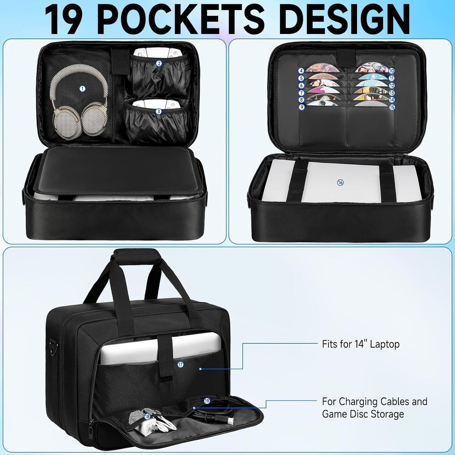Tragetasche für PS5 PRO/PS5/PS5 Slim, Reise-Schutztasche passend für PlayStation 5 Konsole, Controller, Spiele-Discs und Gaming-Zubehör, Schwarz, Taschen-Organizer