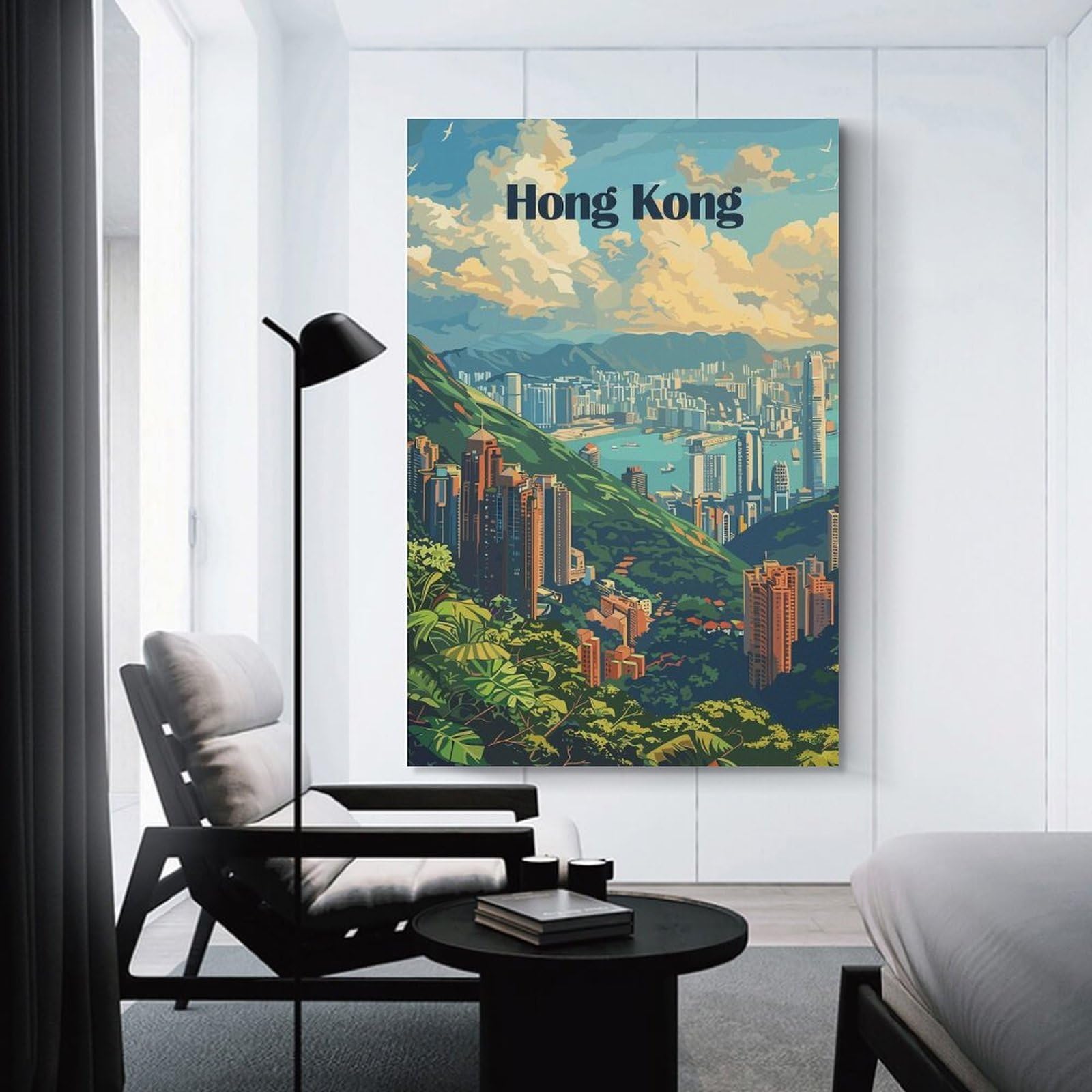 Junmoney Hong Kong Cityscape Illustration Wall Art Print, 20x30inch(50x75cm), for Wall Displays, Bedrooms Or Room Updates, A Versatile Canvas Print for Layering