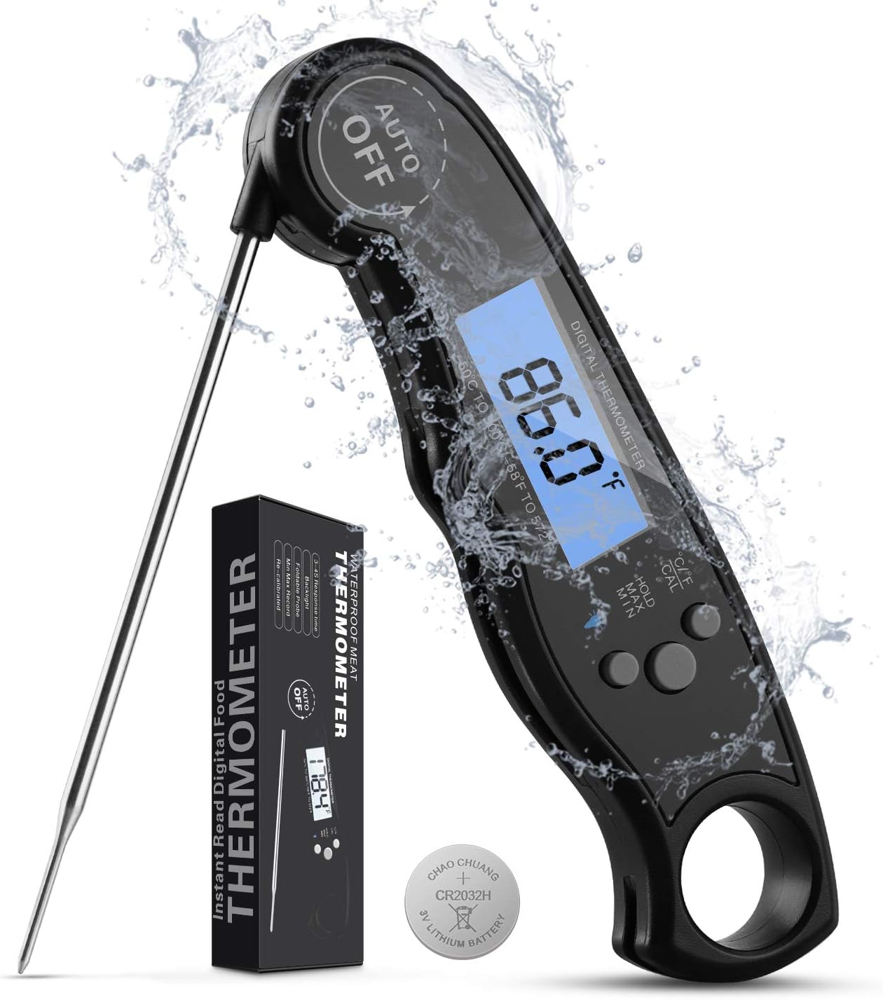 VINMORI Instant Read Meat Thermometer, 2-4s Digital Kitchen Thermometer Comes with Extra Battery for Candy, Liquids, Grilling, Beef, Bread, Cakes, BBQ