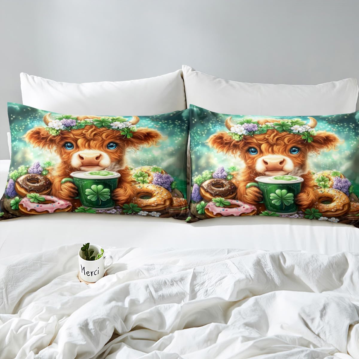 Highland Cattle Fitted Sheet Full Size,Cute Western Animal Doughnut Mattress Cover,1 Fitted + 2 Pillowcases,St. Patrick's Day Clover Leaves Deep Pocket Bed Cover (No Top Sheet),Polyester