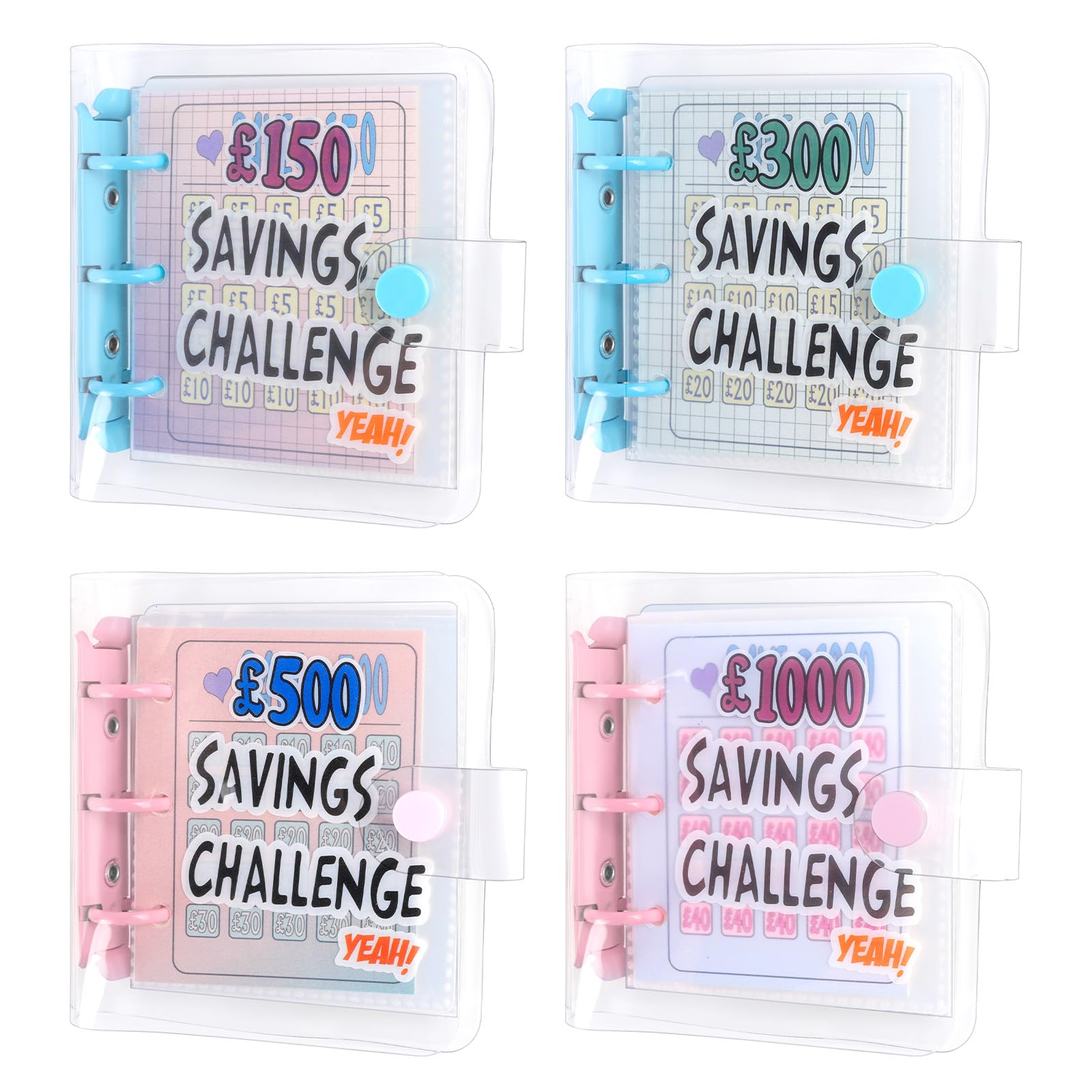 CAIYUANGUANGJIN 4Pcs Mini Money Saving Binder, Reusable Cash Saving Wallet for £150 £300 £500 £1000 Challenge, Budget Binder with 25 Envelopes Cash Stuffing Fun Financial Tool for Home Office School