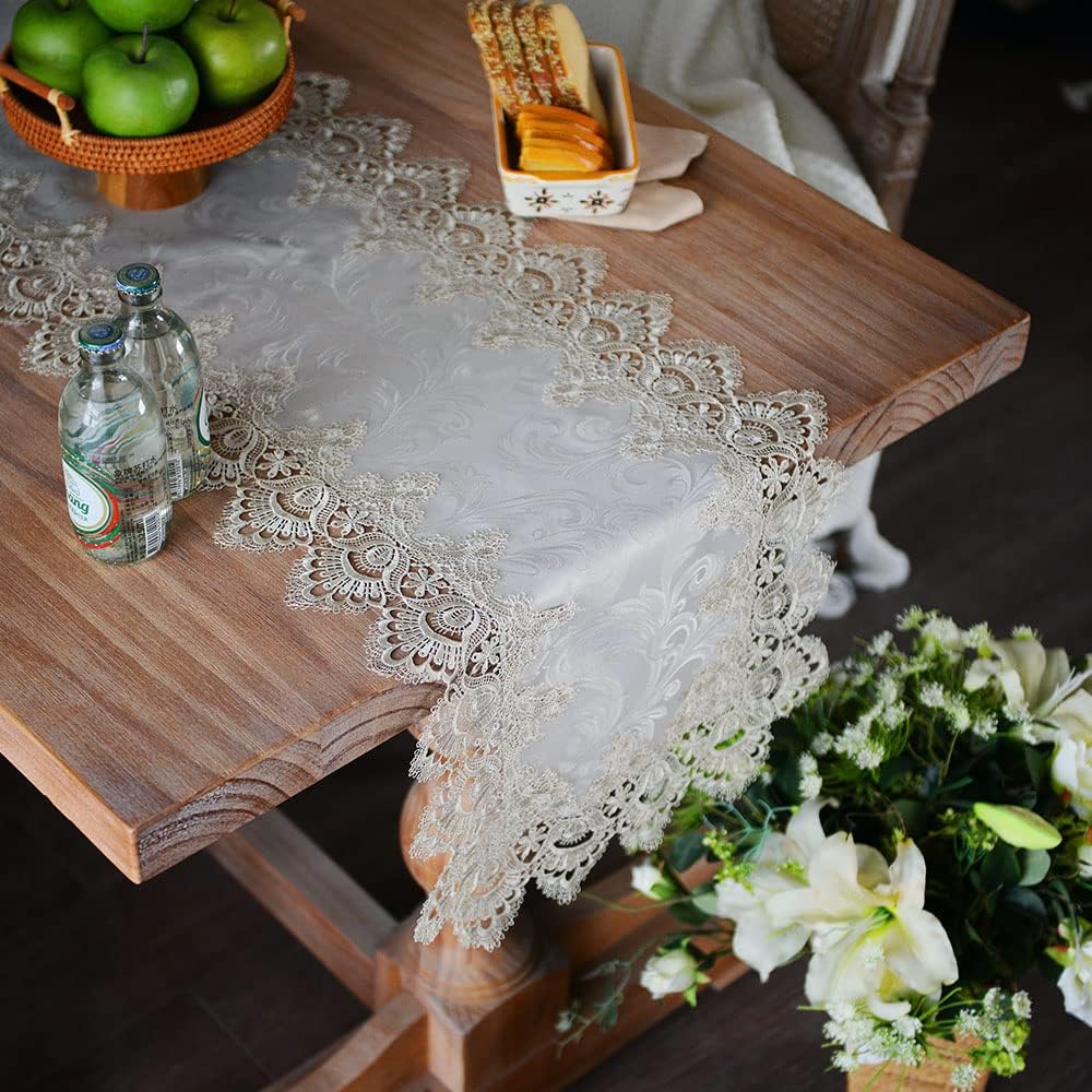 ARTABLE Lace Table Runner Macrame Farmhouse Boho Christmas Rustic Embroidered Dresser Scarf Oblong for Wedding Shower Kitchen Outdoor Party Decor (Stone Grey, 16 x 120 Inch)