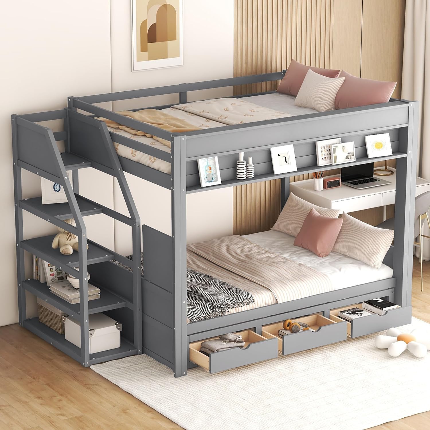 Virubi Full Convertible Bunk Bed with Storage Staircase,3 Drawers and Bedside Table, Solid Pine Wood Loft Bed with Couch Adults (Grey)