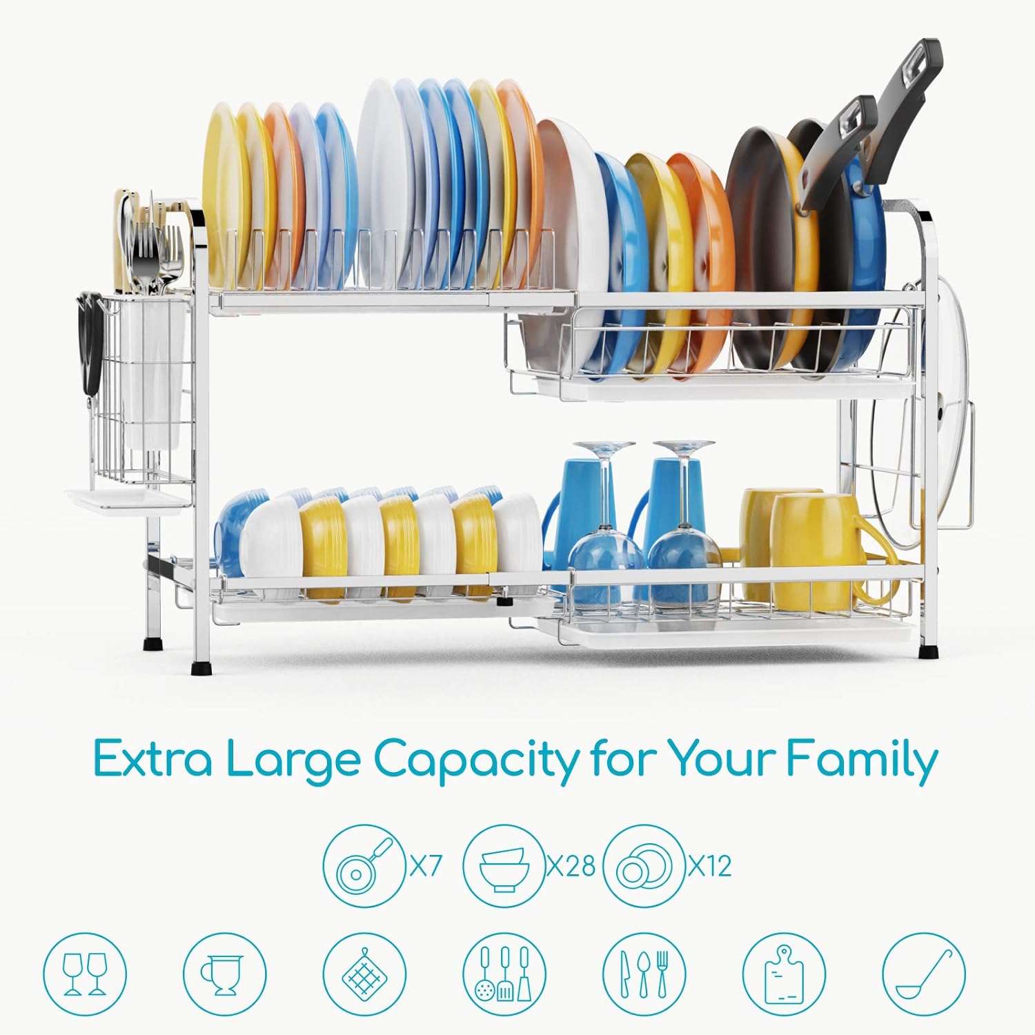 Up To 60% OFF Dish Drying Rack, iSPECLE Expandable 2 Tier Extra Large Dish Rack for Pot and Pan Stainless Steel Pan Rack with Pot Holder Drain Board Utensil Holder for Kitchen Countertop, Silver