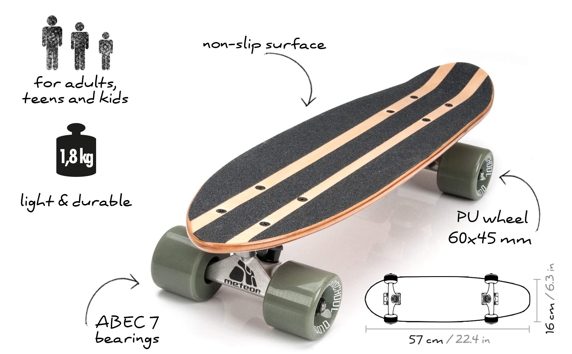 meteor Fancy Board Vintage Mini Cruiser Complete Bois véritable Érable Canadien Skateboard Ridge Mini Skate Planche a roulettes rétro 55 cm / 22 "