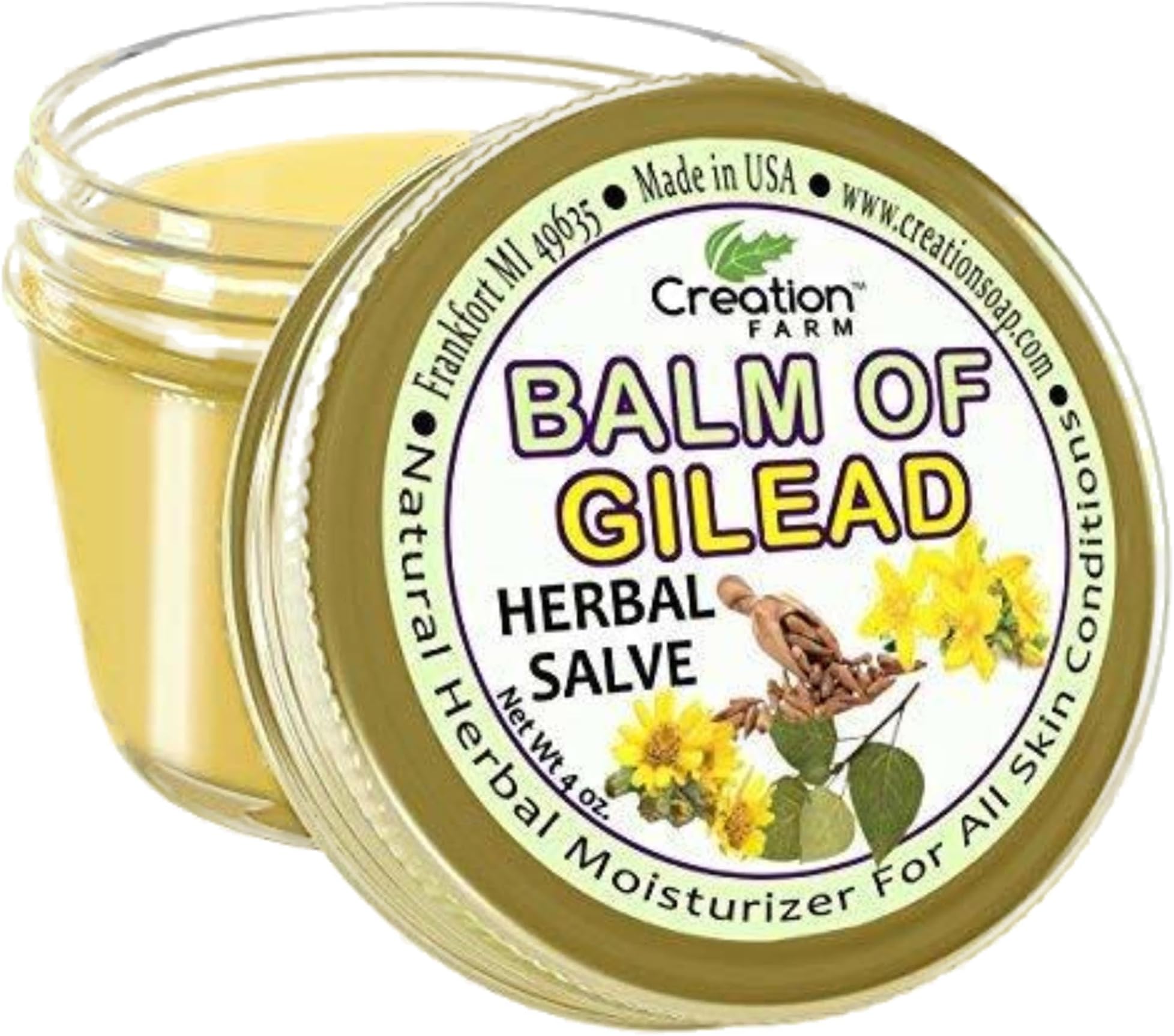 Creation Farm Balm of Gilead Salve - Soothing Sore Muscle Massage Rub Natural Herbal Plant Based Ointment, Pomada De Gilead Savilla - 4 oz Jar - Fast Acting