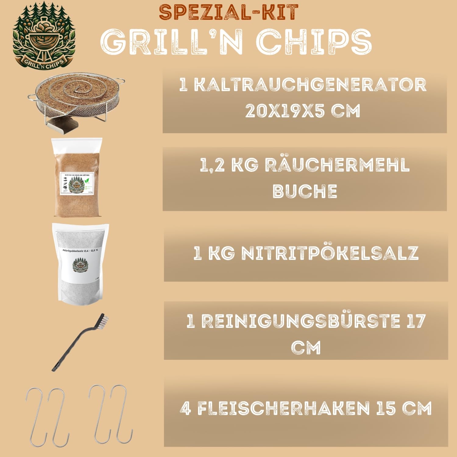 Kaltrauchgenerator/Räucherschnecke + 1,2 kg Räuchermehl Buche + 1 kg Nitritpökelsalz + 4 Haken & Bürste – Kalträucher-Set aus Edelstahl für Fleisch, Fisch, Speck, Wurst – Inkl. Gratis PDF-Ratgeber