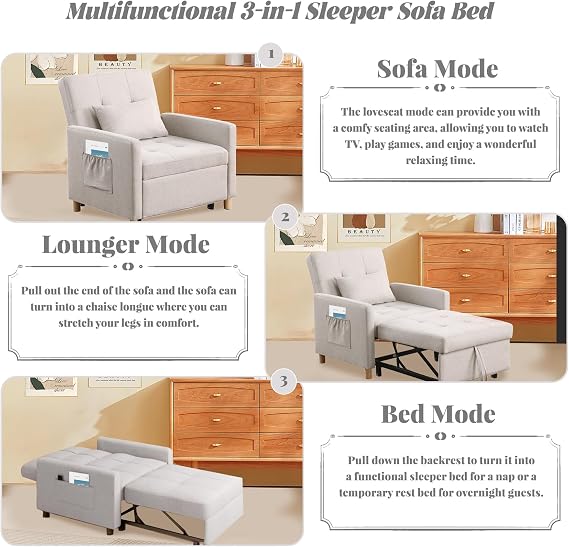 Convertible Sleeper Sofa Chair Bed,3-in-1 Sleeper Chair Bed with Pillow,Pull Out Single Armchair Sofa Bed with Adjustable Backrest, Multi-Functiona Lounge Chair for Living Room (Beige)