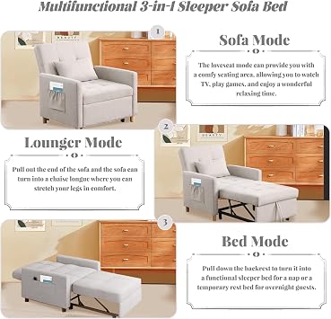 Convertible Sleeper Sofa Chair Bed,3-in-1 Sleeper Chair Bed with Pillow,Pull Out Single Armchair Sofa Bed with Adjustable Backrest, Multi-Functiona Lounge Chair for Living Room (Beige)