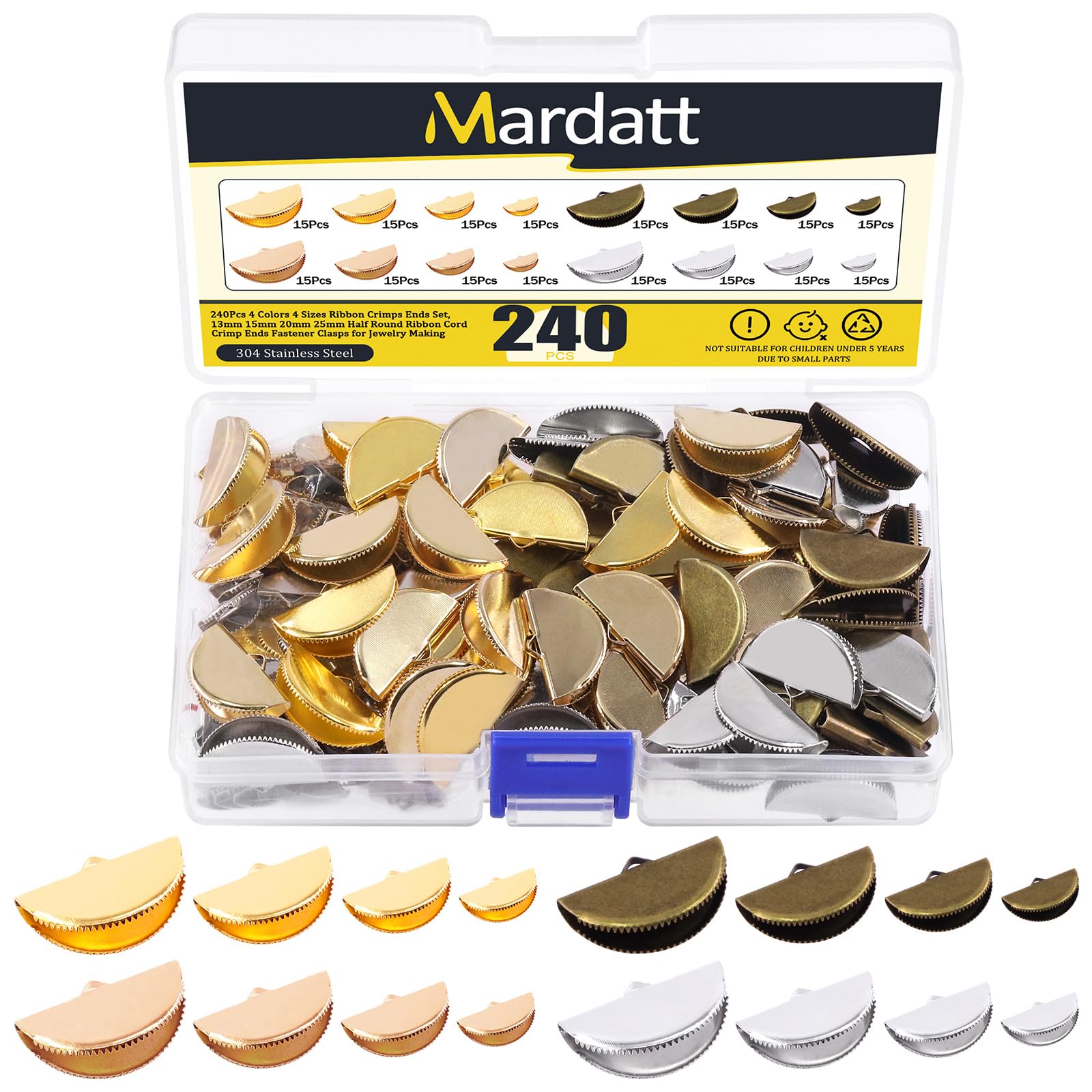Mardatt 240Pcs 4 Colors Half Round Ribbon Cord Crimp End Tips Assorted Set, 13/15/20/25mm Ribbon Leather Ending Bracelet Bookmark Cord Caps Clasps