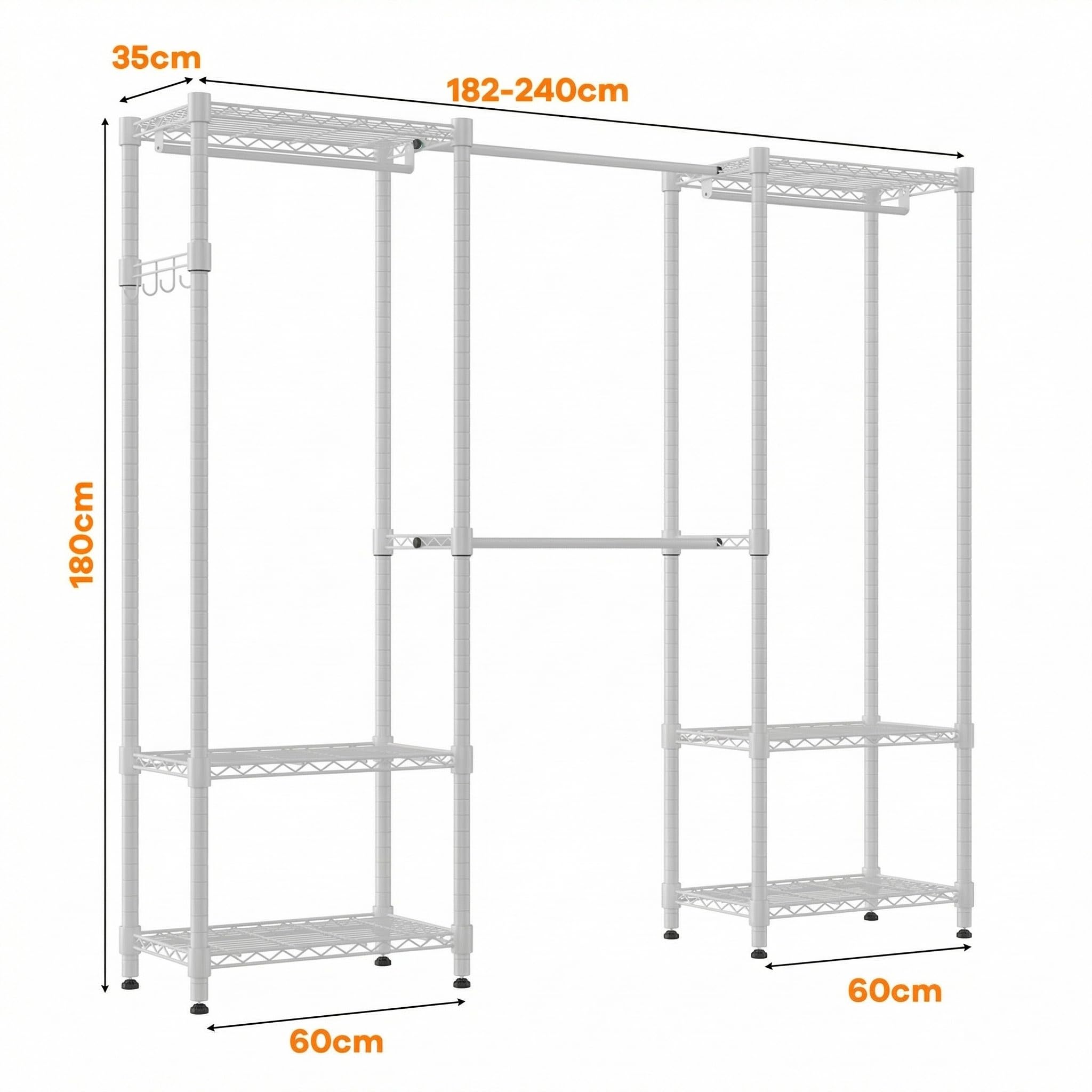Himimi Perchero Telescópico con 4 Barras para Ropa, Armario Estable de Alta Capacidad con 6 Estantes Metálicos y 1 Gancho, Altura Ajustable, Sistema de Armario Abierto, A(182-240) x H180 cm Blanco