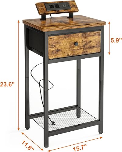 Miniatura 3 de Fixwal Juego de 2 mesitas de noche con estación de carga, mesa auxiliar de noche con puertos USB y tomas, mesita de noche con cajón de tela para