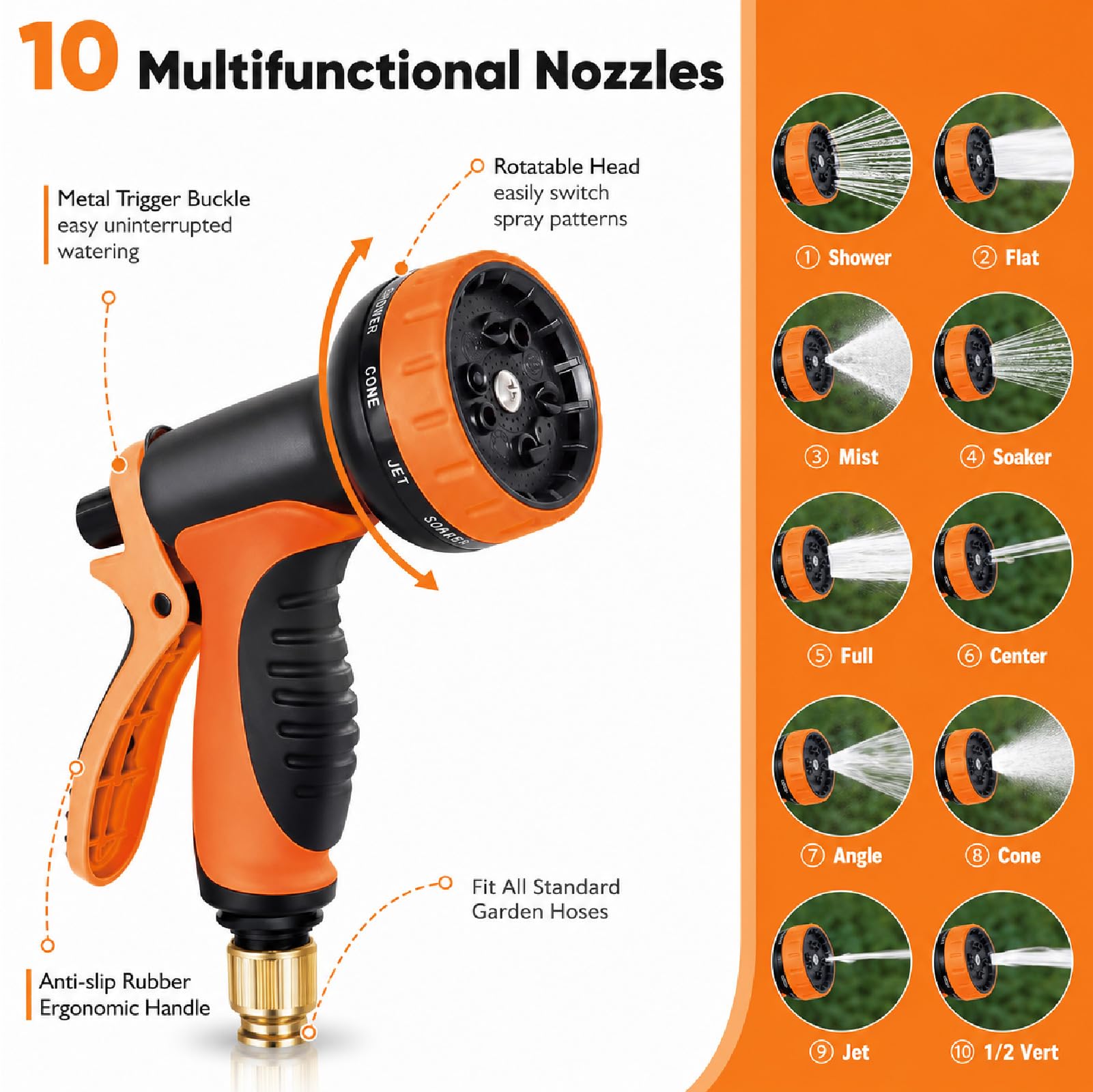 Tuyau d’Arrosage Extensible 15m Orange, 3 Couches Latex | Anti-fuite et anti-nœuds, jet 10 modes réglable, utilisation facile sans effort, arrosage multi-usage jardin voiture terrasse