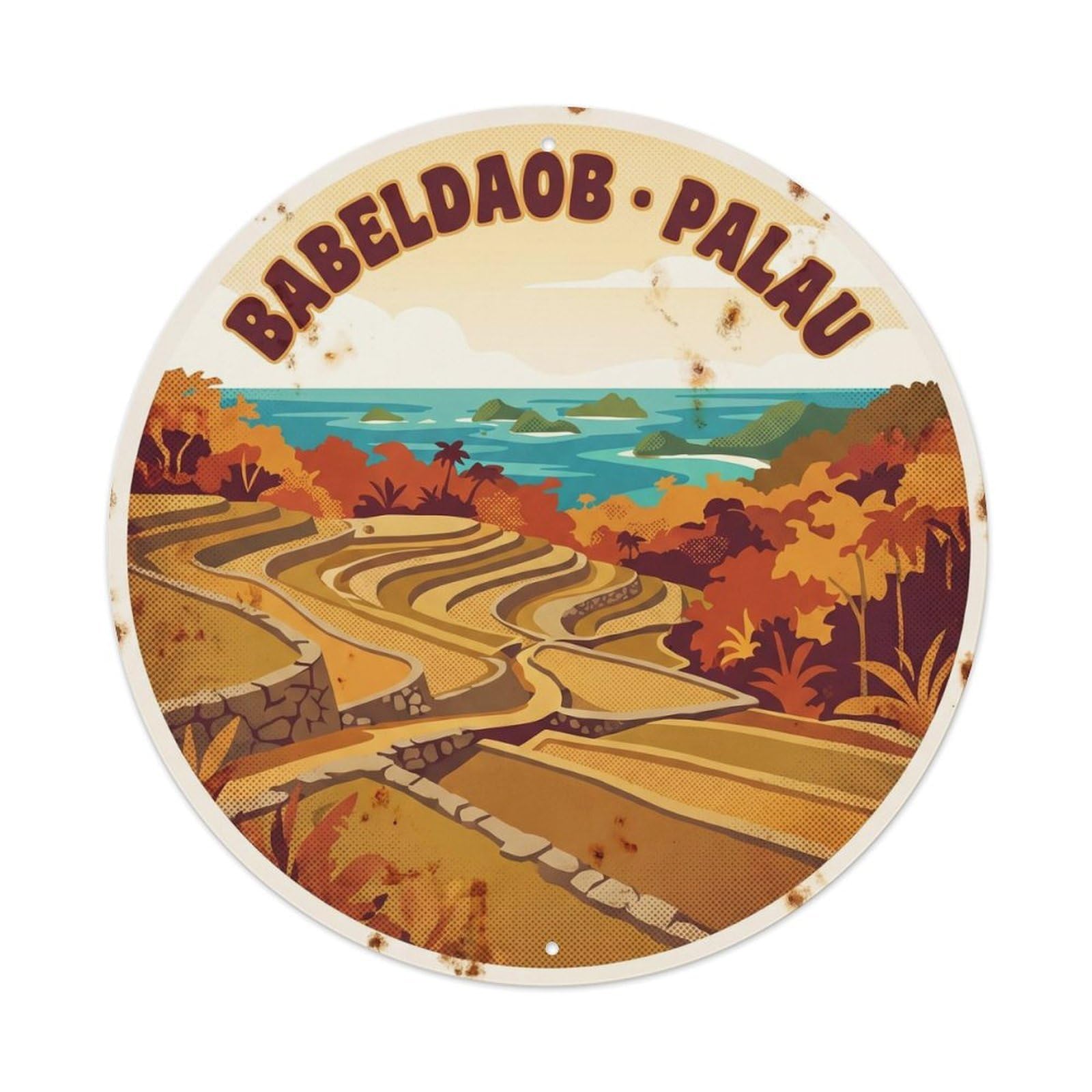 Olyhtr 8X8inch Classic Style Palau Babeldaob Terraced Terraces Autumn Retro Metal Tin Sign