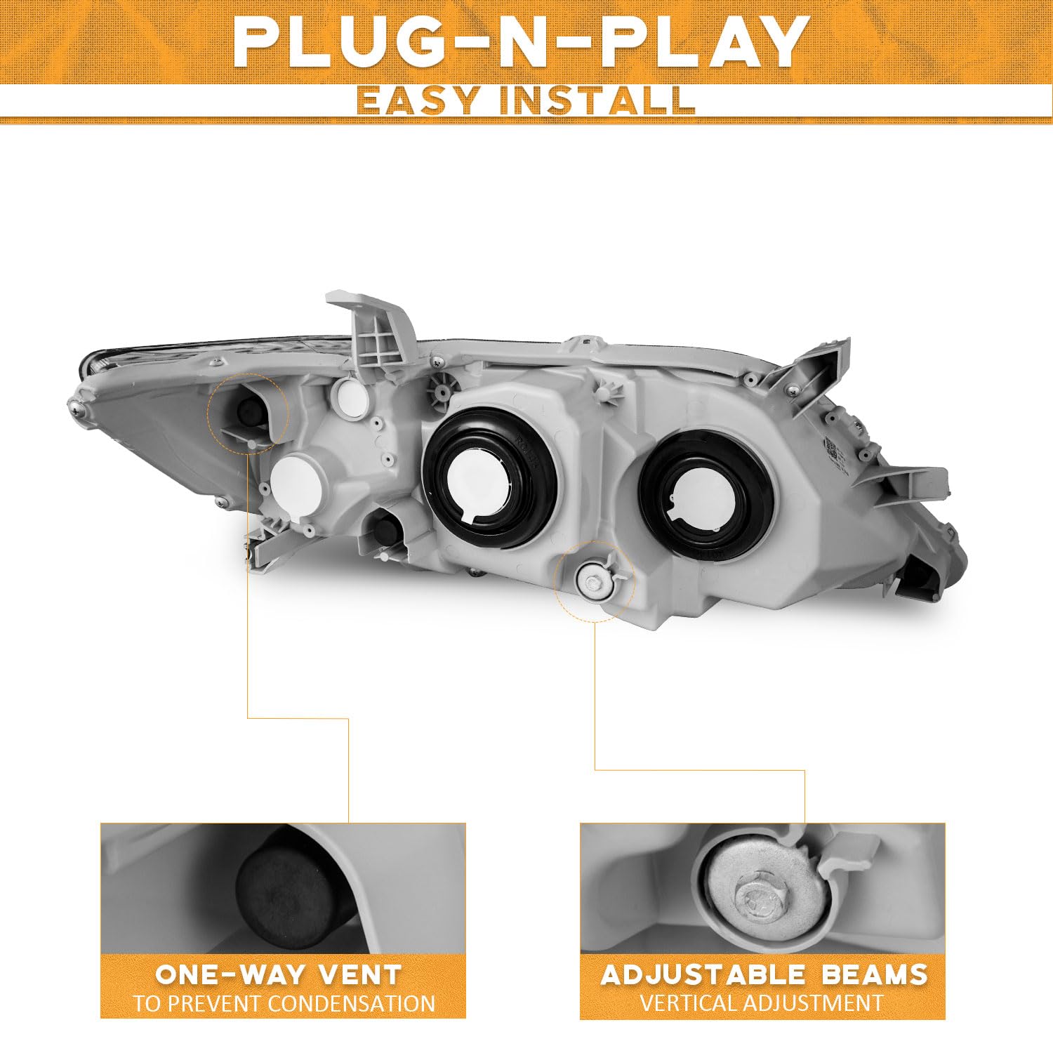WEELMOTO Anti-Fogging Headlights Assembly For 2010 2011 Toyota Camry[4-Door Sedan], Headlight Assemblies Compatible with 10 11 Camry Headlamp Replacement Chrome Housing Amber Reflector Pair Set