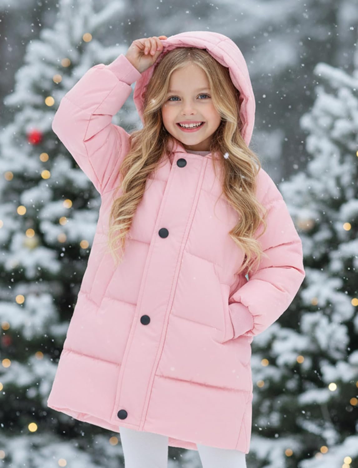 PATPAT Girls Puffer Jacket Size 4-8 Years Hooded Heavyweight Padded Winter Coat Medium Length Quilted Outwear for Little Kids - Image 5